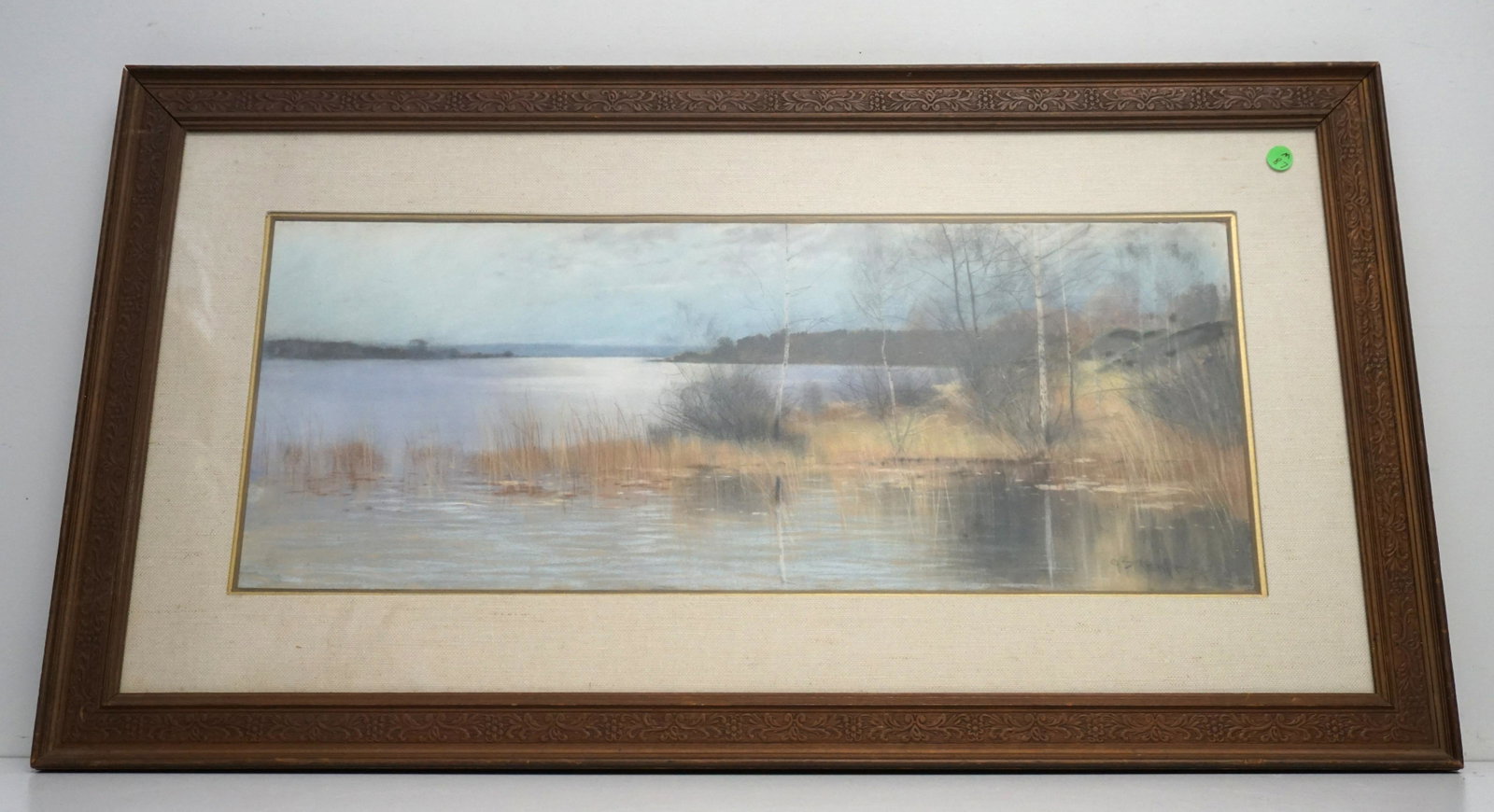 PASTEL WINTER RIVER MARSH: Vintage Winter River and Marsh with Birch Trees Pastel Painting. Signed lower right, signature illegible. Professionally framed and matted, carved wood frame. Measures 37"x21"x1 1/4". Weight 11 pds. P