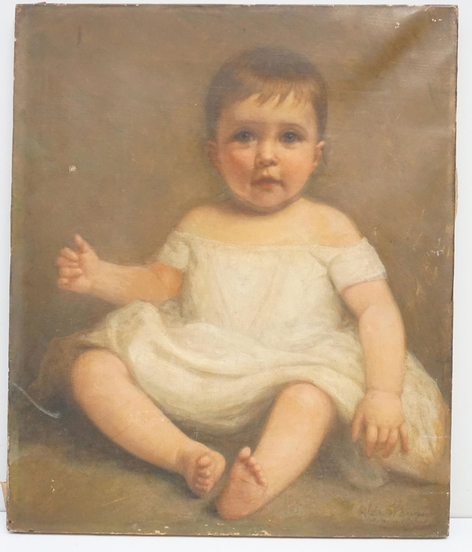 IDA WAUGH (1849-1919) BABY PORTRAIT: Ida Waught (Pennsylvania,1849-1919) Oil on Canvas Portrait of a Baby Girl. Signed lower right. The back identifies the portrait as that of Anne Catherine Adams, 9 months old. Measures 18"x21 1/2"x1".