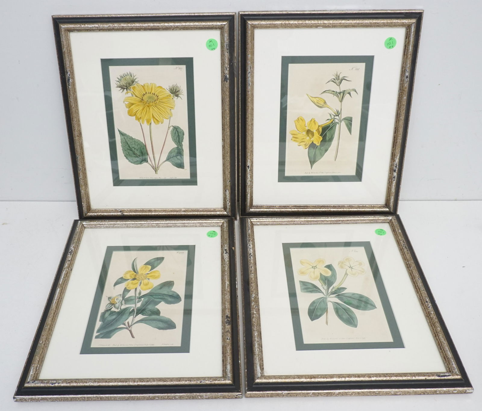 4 18th c. BOTANICAL ENGRAVINGS: A set of four Hand Colored Floral Botanical Engravings, Late 18th c. London. Matching frames. All professionally framed and matted. In frame each 11 1/2"x14 1/2"x3/4". Weight on all 7 pds 5 oz. PROVEN