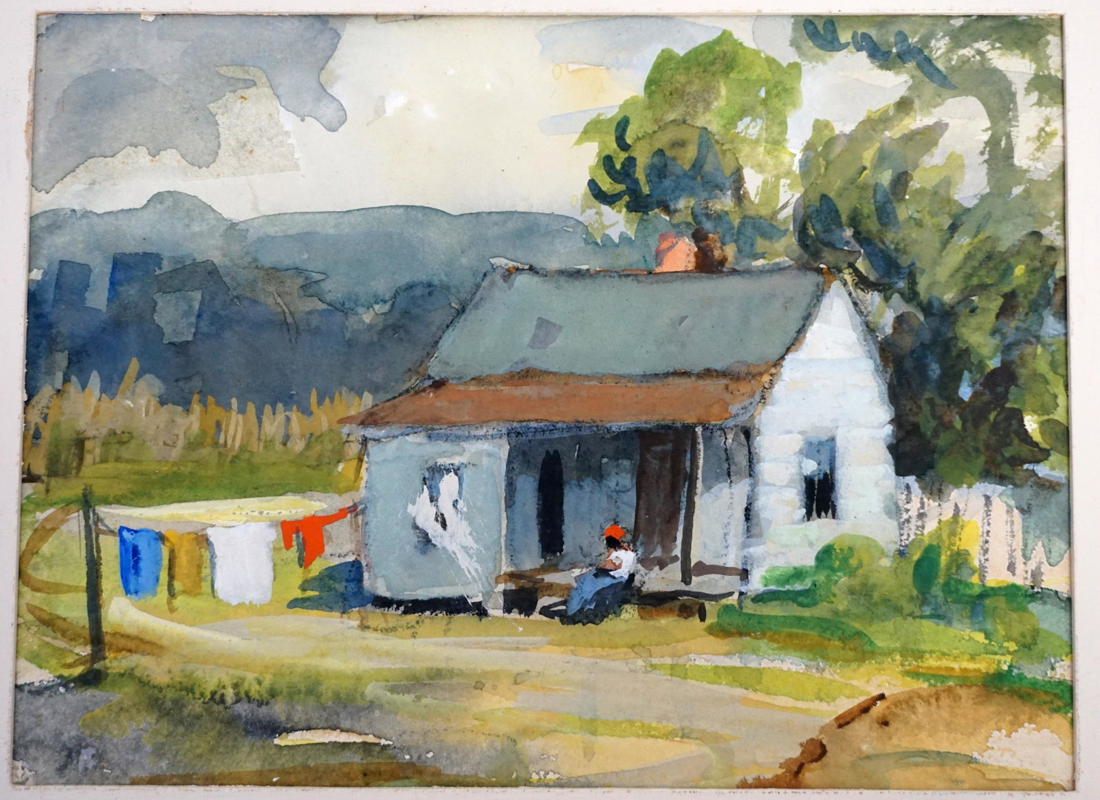 FAITH CORNISH MURRAY 1935 EDISTO LAUNDRY: Original c. 1935 Faith Cornish Murray (Charleston, SC 1897-1984) Tempera and Watercolor Gullah Woman and Laundry, Edisto Island, SC. Image 7 1/2"x5 1/2". In frame 14 1/2"x12 1/2"x1/2". Weight 2 pds. B
