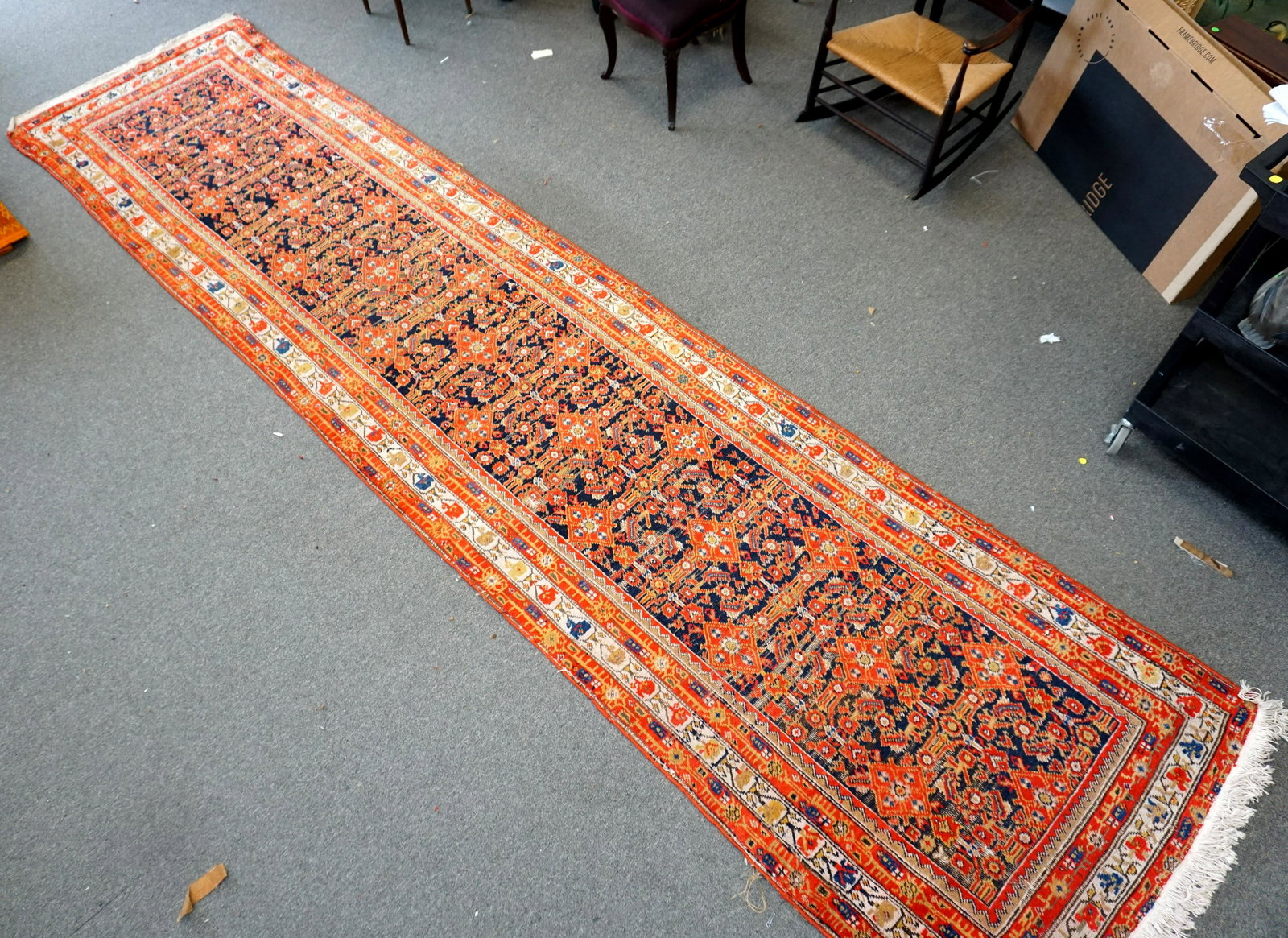 ANTIQUE LONG TURKISH RUNNER: Antique Late 19th c. Long Hand Knotted Turkish Runner. Heavy wear and old repairs. Measures 44"x176".Weight approximately 25 pds. PROVENANCE: A Private Charleston SC Estate.