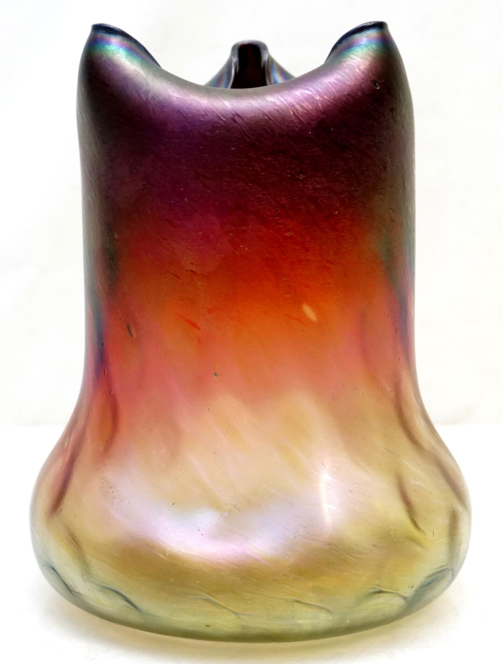 LOETZ 1902 IRIDESCENT VASE: Loetz Vase circa 1902, purple, green, gold glass with a petrol iridescent oil spot decoration, pinched body with tooled rim, polished pontil. Unsigned. Measures 6"x6"x8". Weight 1 pd 15 oz. PROVENANCE