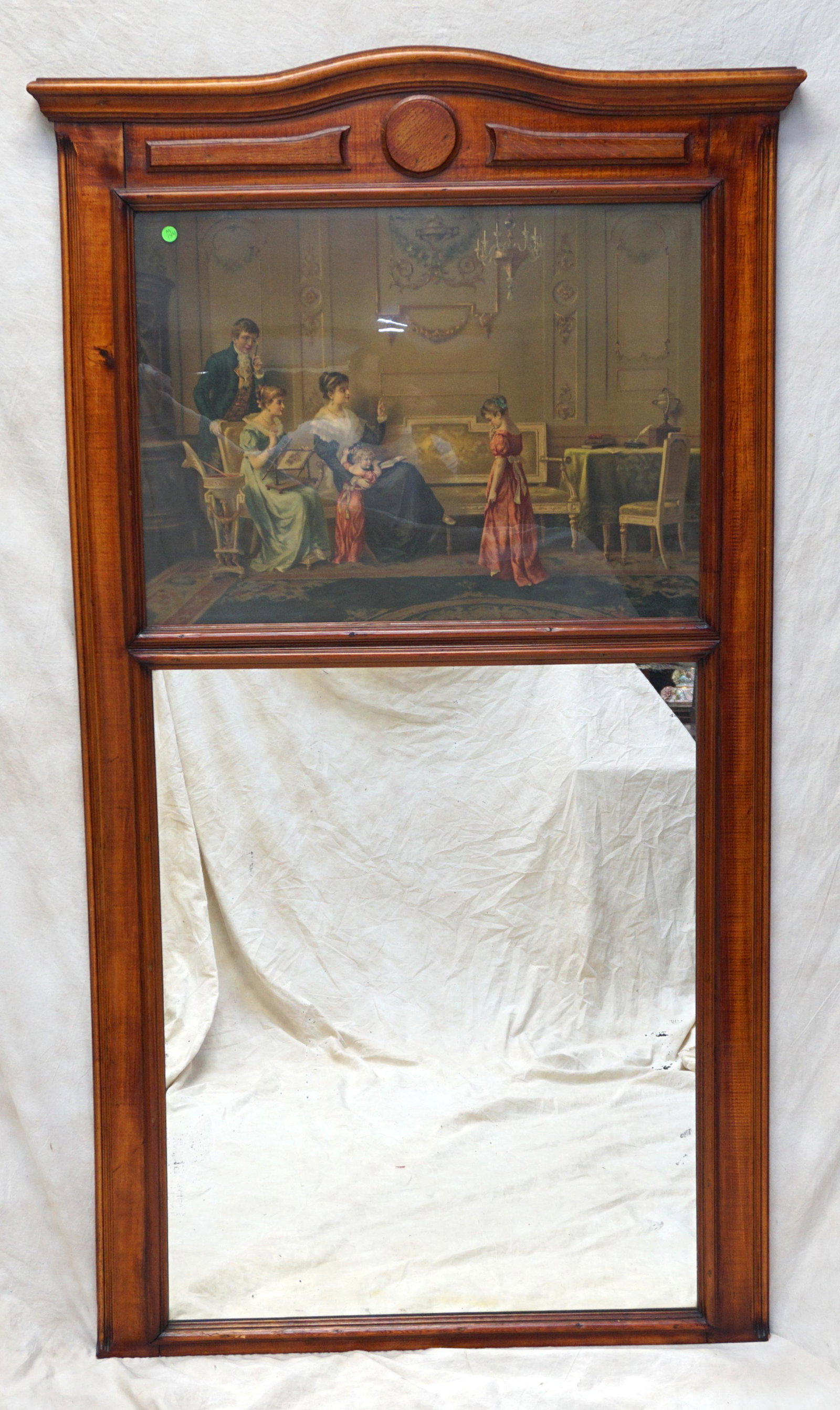 ANTIQUE TRUMEAU MIRROR: Antique Large Trumeau Mirror. With Victorian Print of family. Measures 39"x68"x2". PROVENANCE: A Charleston SC Private Estate. ***Pickup only or Shipping on this item offered through Outward Bound 413