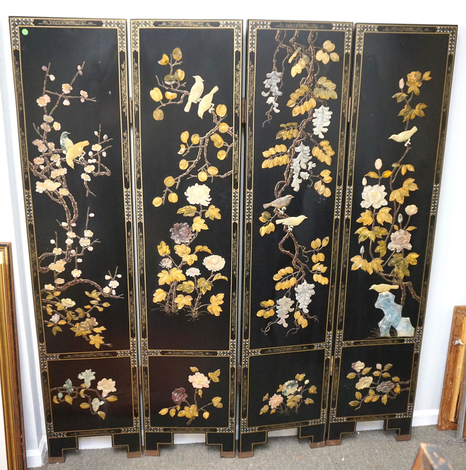 CHINESE INLAID SCREEN: Vintage Chinese 4 Panel Screen / Room Divider. One Side with Carved Hardstone Figural Bird and Flowering Branches. The opposite side with painted bamboo. Each Panel 16"x72"x1". PROVENANCE: A Private C