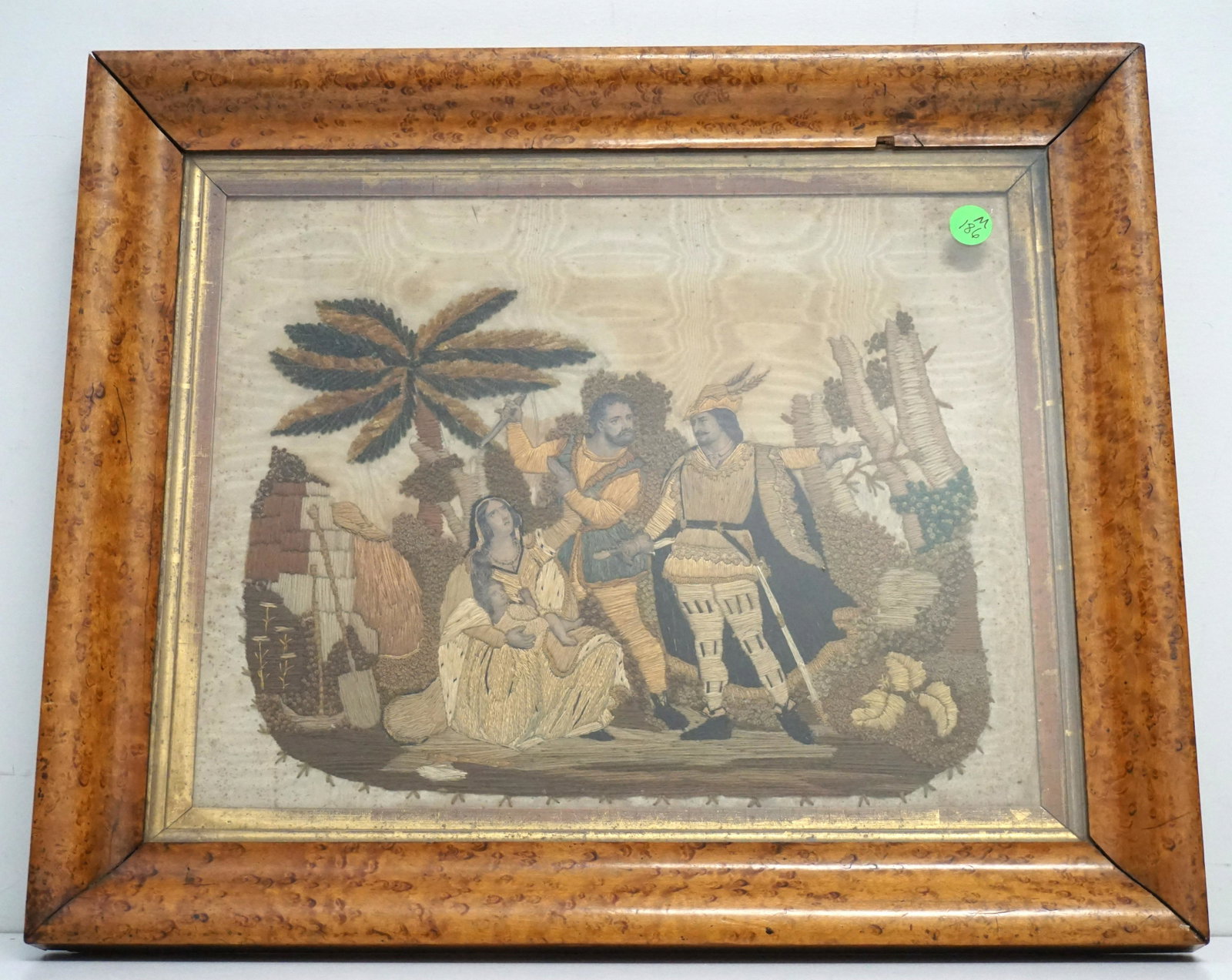 ENGLISH NEEDLEWORK & STUMP WORK ON SILK: Antique 19th c. English Needlework and Stumpwork on Silk Framed. Birds eye Maple frame. Measures 19"x16"x 1 1/4". Weight 5 pds. PROVENANCE: A Private Charleston SC Estate.