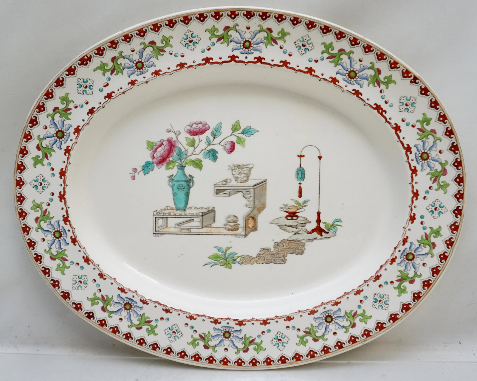 LARGE COPELAND CANTON PLATTER: Large Copeland c. 1880 hand painted polychrome transferware Ironstone platter in “Canton” pattern. This would make a fabulous piece of wall decor or a special serving piece. Vibrant colors through
