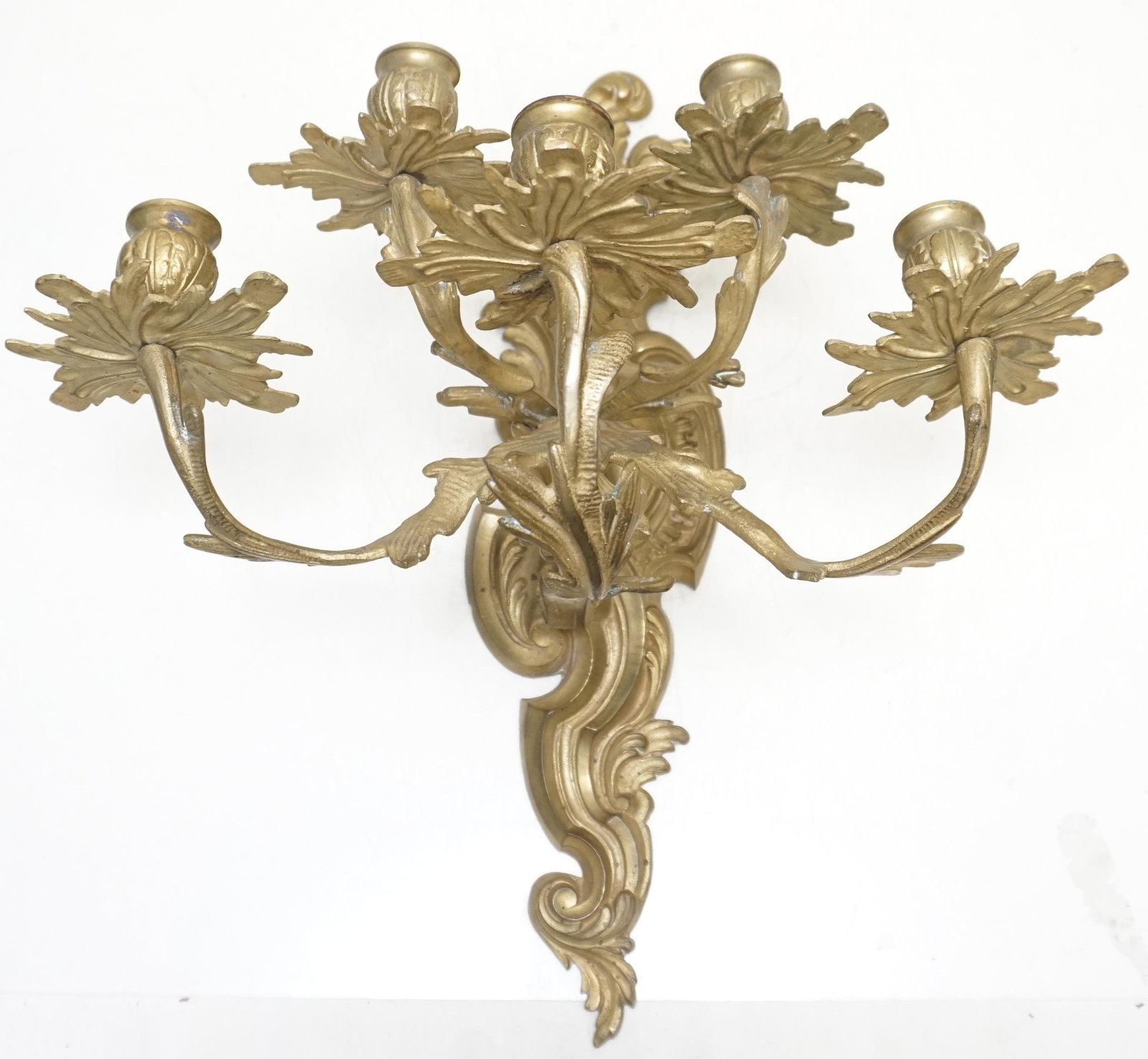 LOUIS XV STYLE GILT BRONZE 5-ARM WALL SCONCE: 19th c. Louis XV Style Gilt Bronze 5 Arm Wall Sconce. Measures 13"x12"x17". Weight 7 pds. PROVENANCE: Gippy Plantation, Berkeley County.