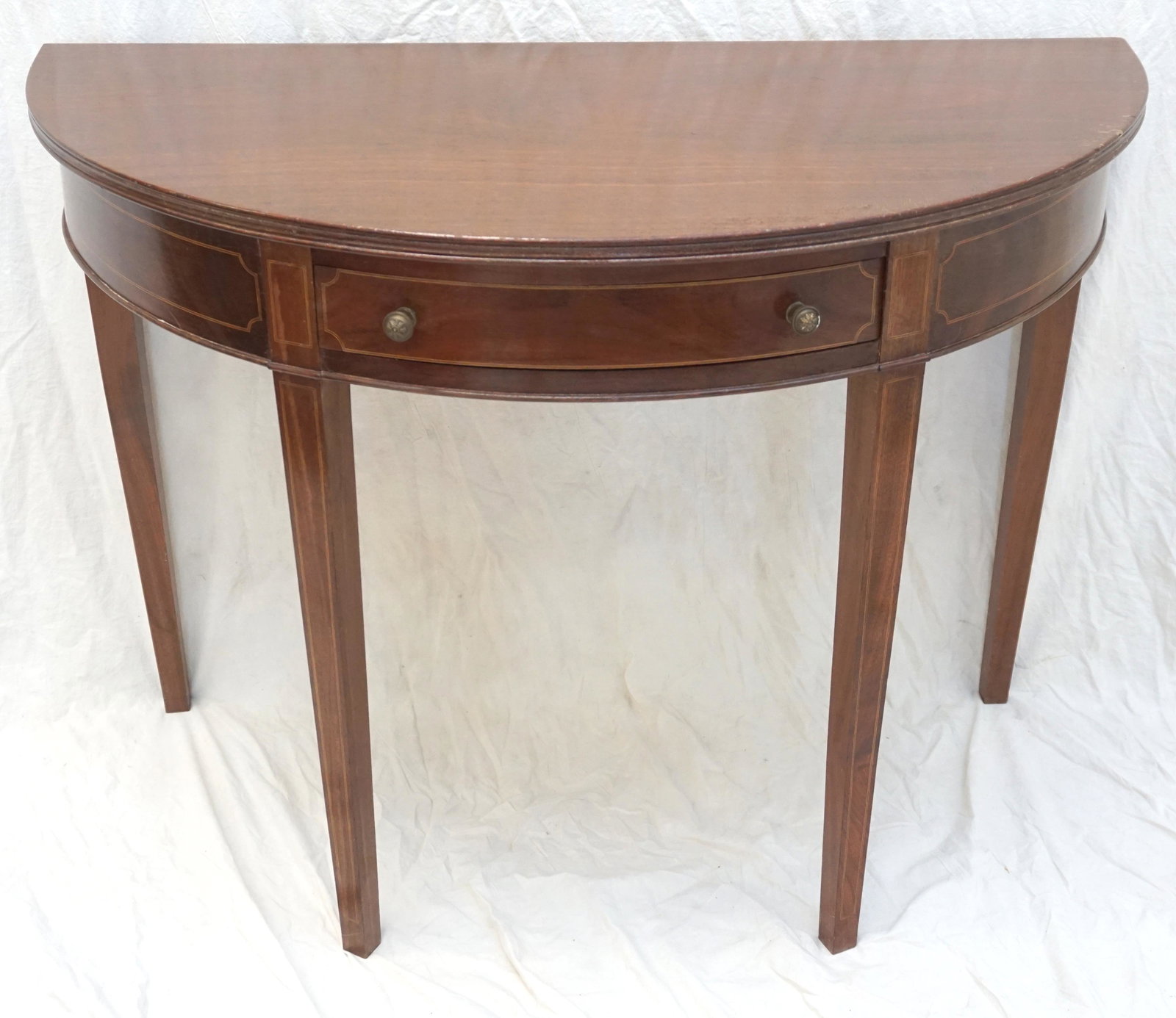 DEMI LUNE CONSOLE TABLE: Vintage 1940s American Federal Style Demi Lune Console Table with One Drawer. Measures 41"x20"x31" PROVENANCE: A Private Charleston SC Estate. ***Pickup only or Shipping on this item offered through O