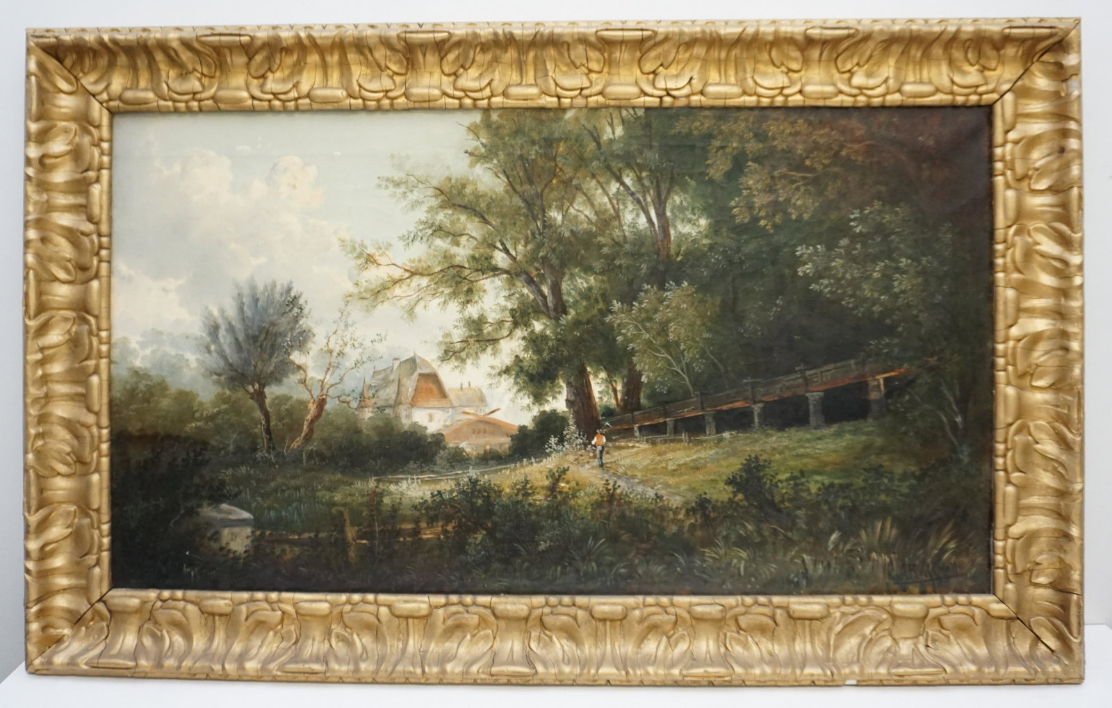 LARGE OIL ON CANVAS LANDSCAPE: Large Antique Oil on Canvas Landscape with watermill and house. Farmer on path. Signed Karl Forster and dated 1899. Wood and gilt gesso frame. Measures 27"x44"x2 1/4". Some loss to frame, old repair t