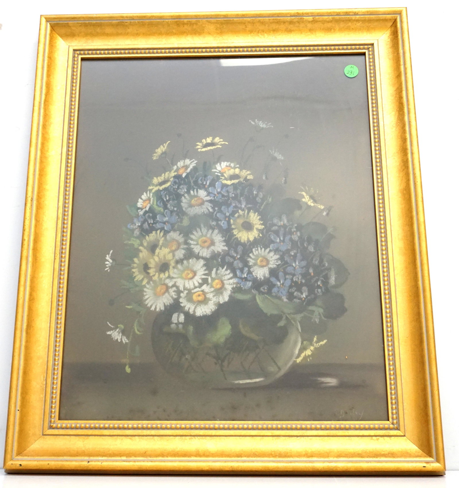 MID CENTURY STILL LIFE PASTEL: Vintage Mid Century Pastel signed Dailey. Still Life Daisies and Forget-me-nots. In frame 20 1/2"x25"x1 1/4". Weight 6 pds 5 oz. PROVENANCE: Gippy Plantation, Berkeley County.