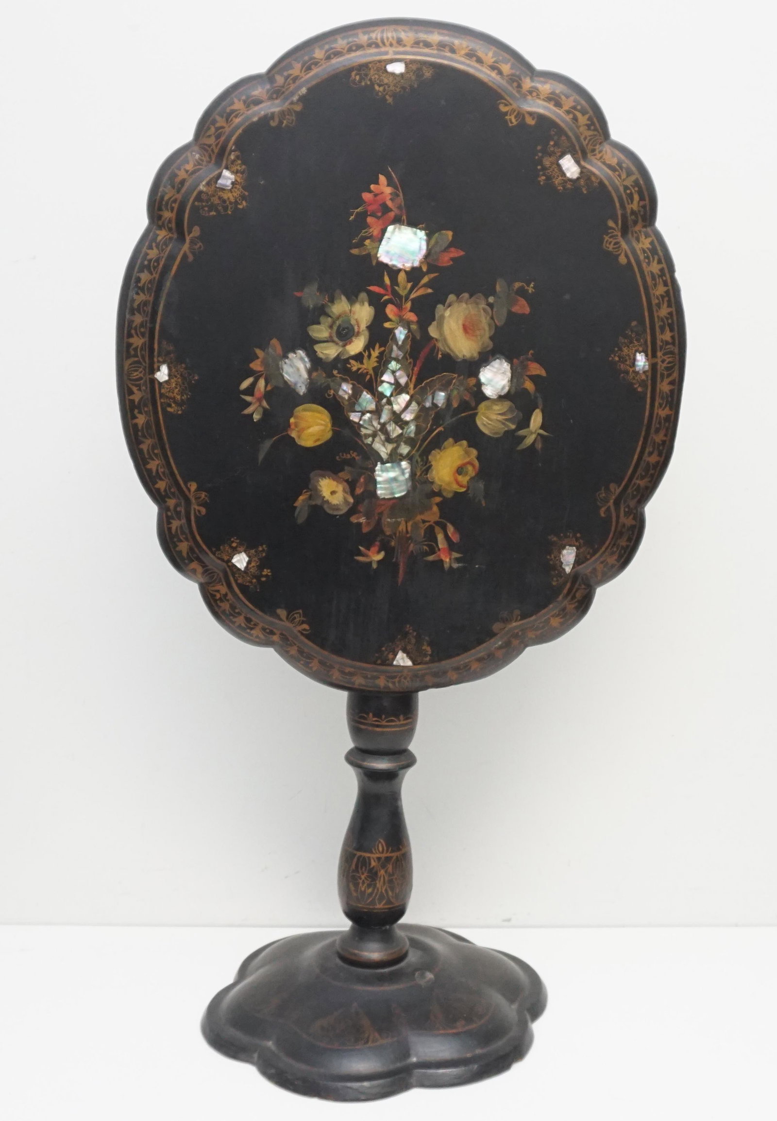19th c PAPER MACHE TILT TOP TABLE: 19th Century Paper Mache Tilt Top Table with Inlaid Mother of Pearl and Hand Painted Decoration. 40" High with top tilted 27" when down. Top 27"x21". PROVENANCE: A Private Charleston SC Estate. ***Pic