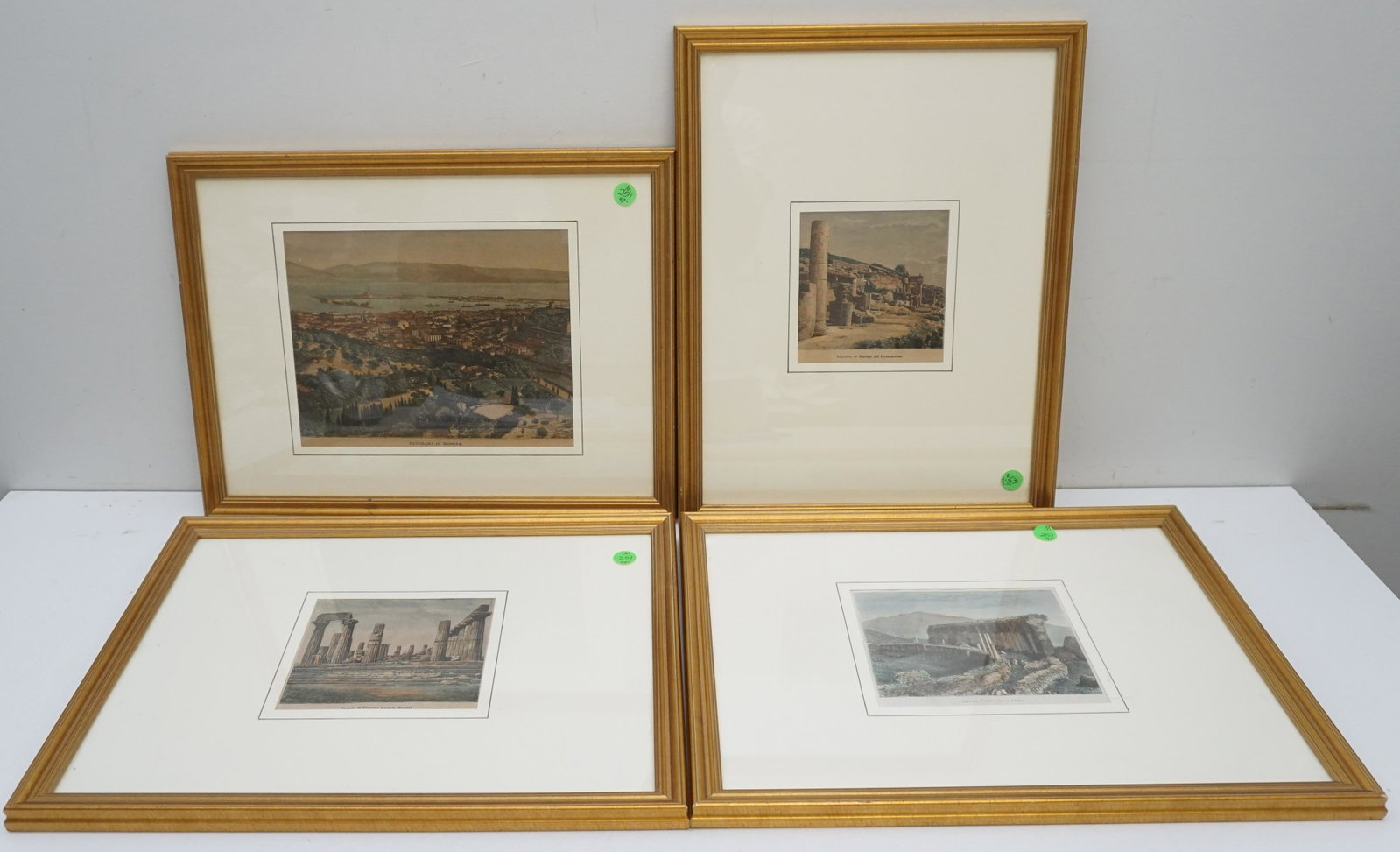 4 FRAMED HAND COLORED ITALIAN ENGRAVINGS: Lot of 4 Antique Italian Hand Colored Engravings. Mid 19th c. Architectural. Professionally framed and matted in gilt frames. Each 13"x17"x3/4/ Weight combined 8 pds PROVENANCE: Gippy Plantation, Berk