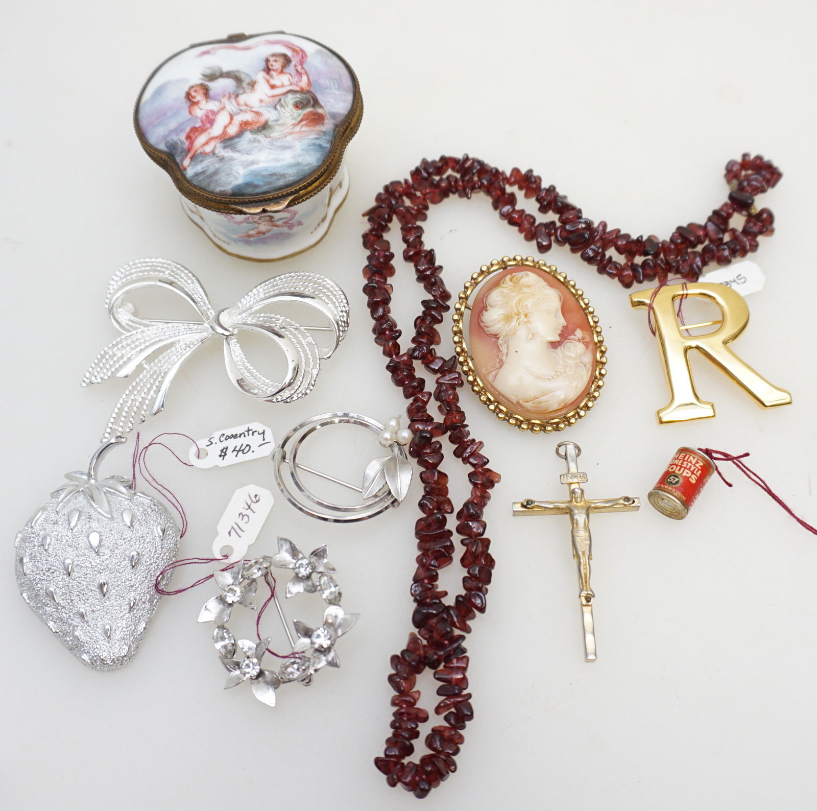 10 pc ESTATE JEWELRY +: All are Vintage Estate. 1- German Porcelain Trinket Box 2 1/4". 2- Amethyst Necklace 22" opened. 3- Coro Cameo 1 3/4". 4- Anne Klein Gold Tone R. 1 3/4". 5- Sterling Silver & Rhinestone Brooch 1 1/4".