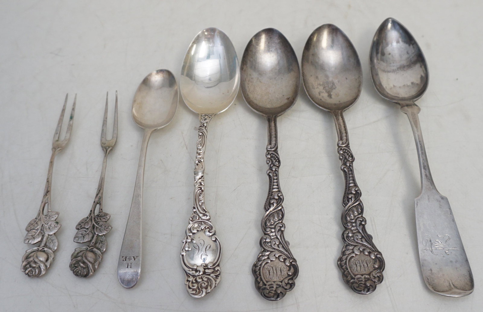 7 pc STERLING, 800, COIN: All are Antique / Vintage. 2 Matching Gorham Sterling Silver Teaspoons, monogrammed 6". 1 Alvin Sterling Teaspoon, monogrammed 5 3/4". 1 Coin Silver Fiddle Tipt Teaspoon, monogrammed 6 2/8". 1 English