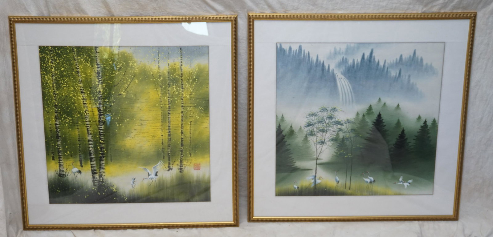 2 ORIGINAL JAPANESE CRANE PAINTINGS: Pair of Original Vintage Japanese Crane Watercolor / Tempera Paintings. Purchased at Galleries of the Southeast in Charleston SC. In matching frames and mats, one frame is warped. Each 33 1/2"x33 1/2"