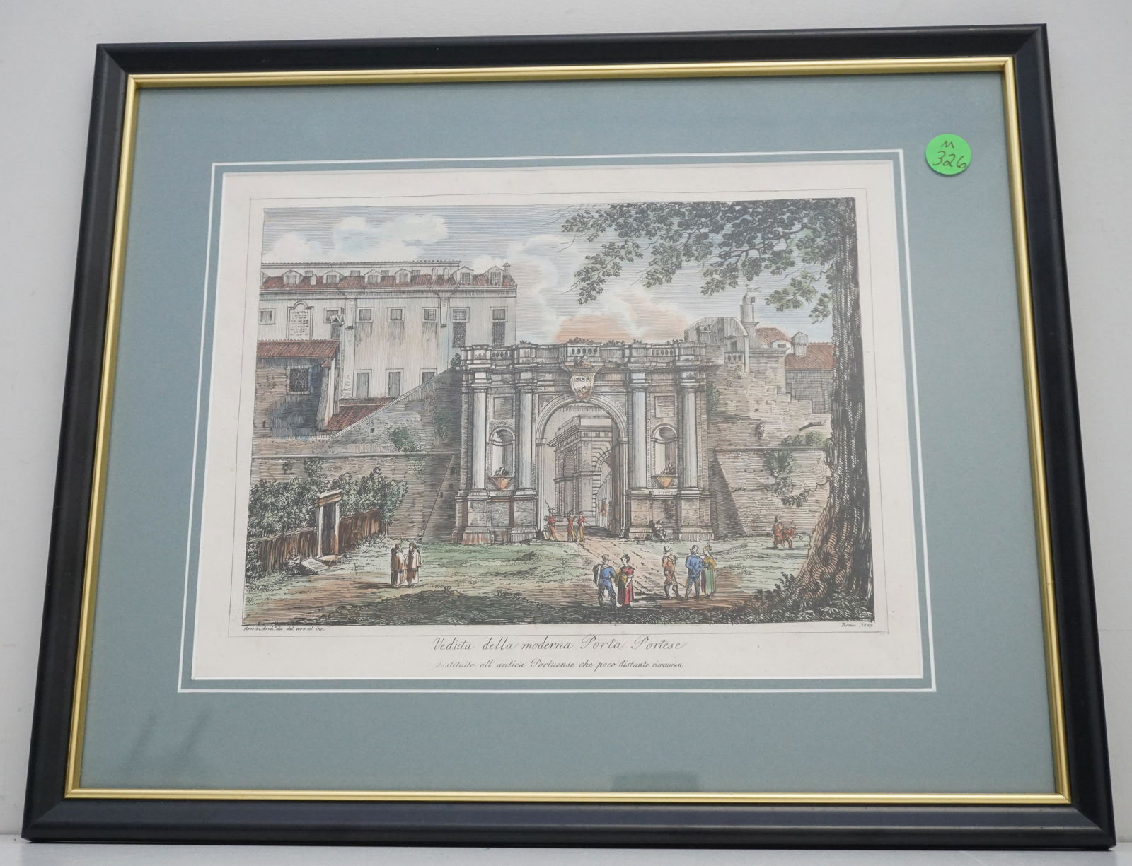 LUIGI ROSSINI ETCHING 1829: Framed Hand Colored Etching "Veduta della moderna Porta Portese". Measures 17"x14"x3/4". Weight 2 pds. PROVENANCE: Gippy Plantation, Berkeley County.