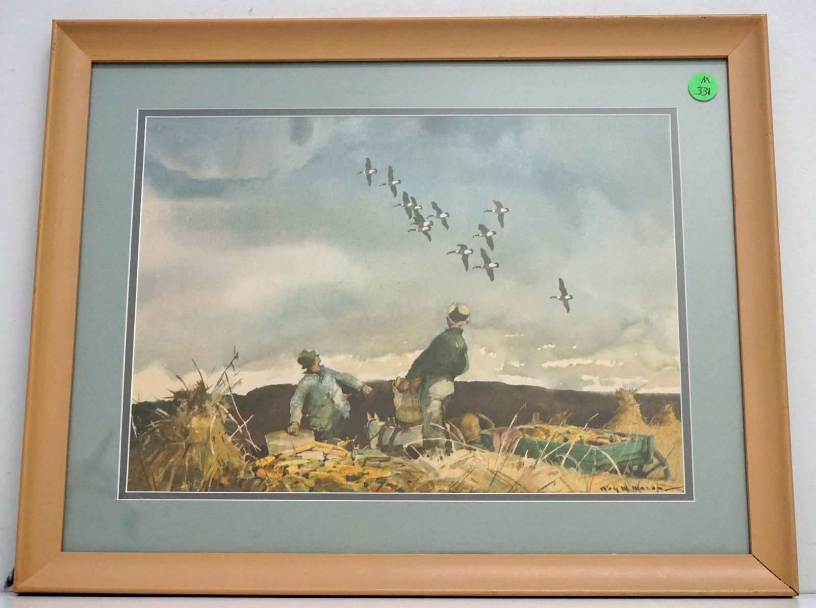 ROY MARTELL MASON (1886-1972) PRINT: Roy Martell Mason (1886 - 1972) Print Canadian Geese in flight over farmers. Professionally framed and matted. In frame 15"x19"x1". Weight 3 pds. Beginning in 1929 Mason was the recipient of numerous