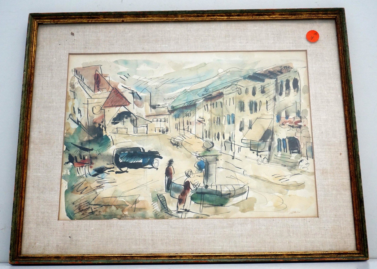 1940s WATERCOLOR VILLAGE STREET: Vintage Watercolor Village Street, Cuba. Signed Juan. Original frame and linen mat. In frame 18 1/2"x14"x3/4". Weight 2 pds 3 oz. PROVENANCE: A Private NYC/ Charleston SC Estate.