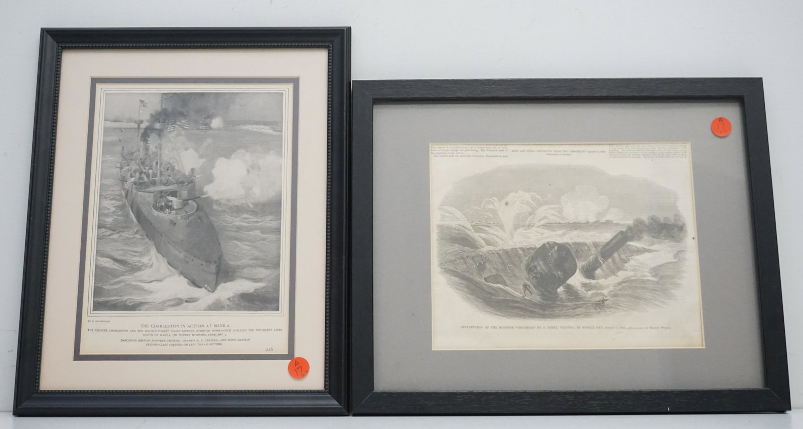 2 ANTIQUE TECUMSEH & CHARLESTON ENGRAVINGS: Both are original to the period. Both professionally framed and matted. 1- Destruction of the Monitor 'Tecumseh' by a Rebel Torpedo, in Mobile Bay, August 5, 1864. Line engraving, after a sketch by Ro