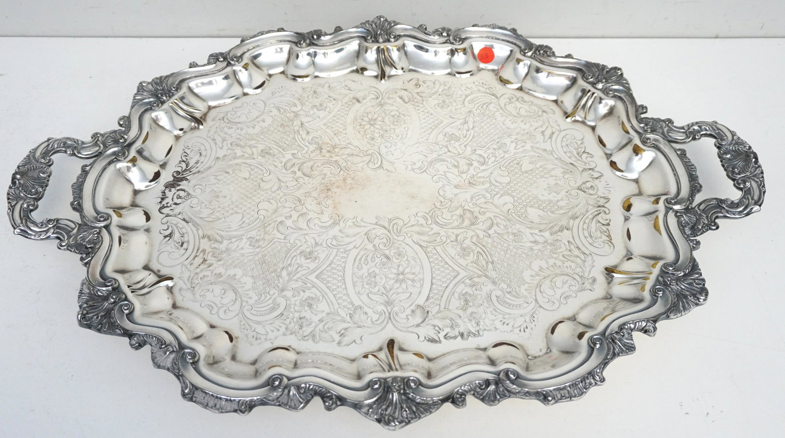 LARGE POOLE EPCA BUTLERS TRAY: Large Ornate Antique Silver on Copper Butlers Tray by Poole Silver Co. in Taunton, Mass. c 1910. Good condition. Measures 27"x19"x2 1/2". Weight 12 pds. PROVENANCE: Edwin Moore Brogdon, PhD, collectio