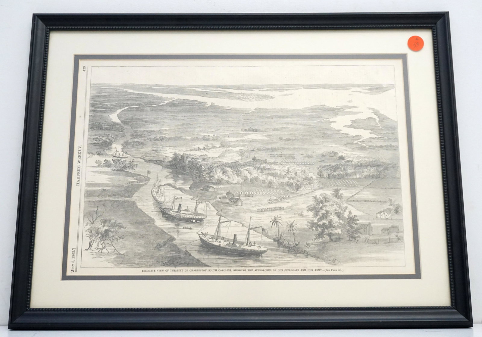 19TH c A BIRDS EYE VIEW OF CHARLESTON: "Birds-eye view of the city of Charleston, South Carolina, showing the approaches of our gun-boats and our army." Engraving, Harpers Weekly July 5, 1862. Professionally framed and double matted. In fr