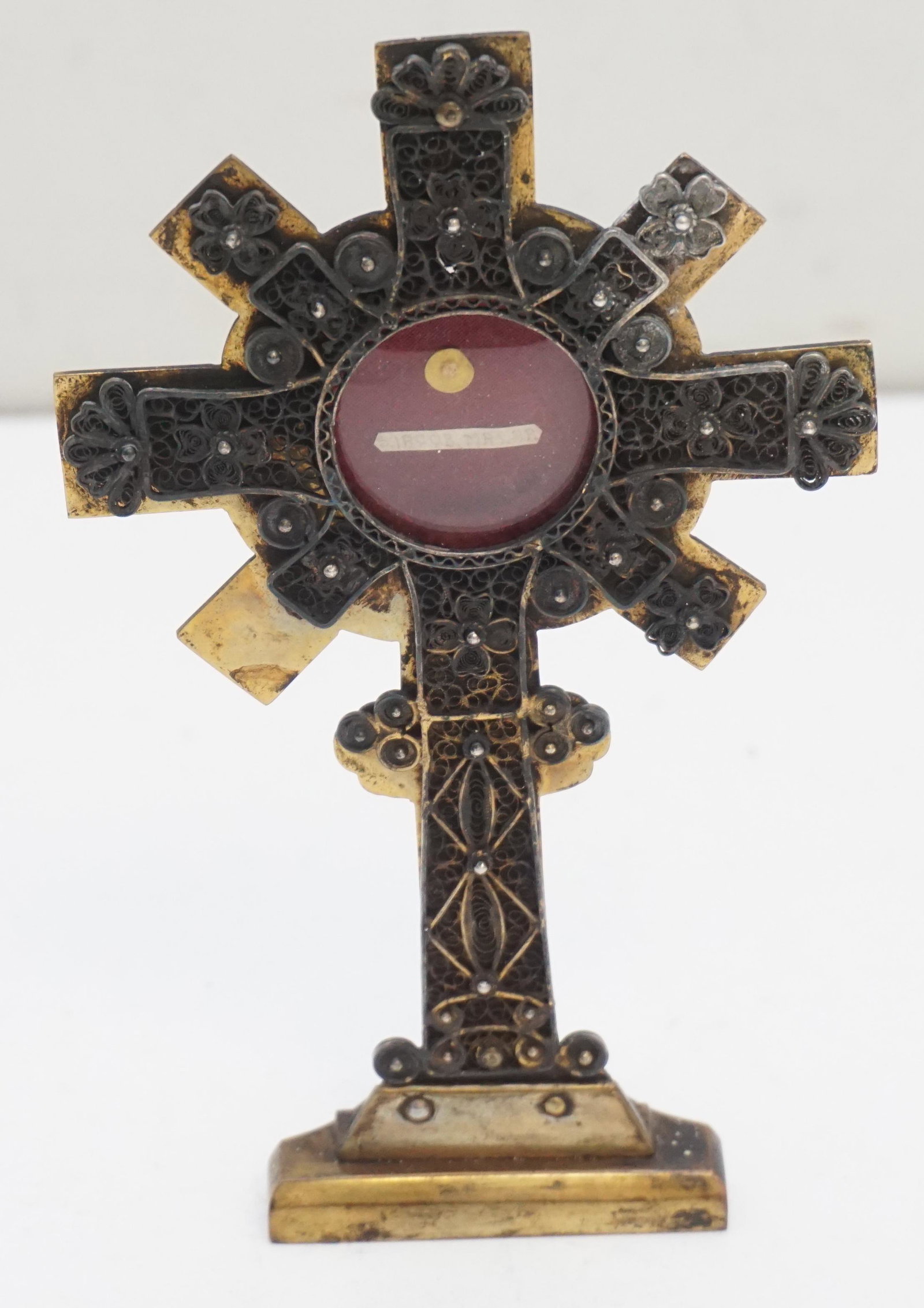 ANTIQUE ST JACOB MONSTRANCE RELIQUARY: Antique 19th century Catholic Monstrance Reliquary with Relic of Saint Jacob the Apostle. Gilded bronze with silver filigree. Still has the original red wax seal and inside dated 1853. Measures 5 3/4"