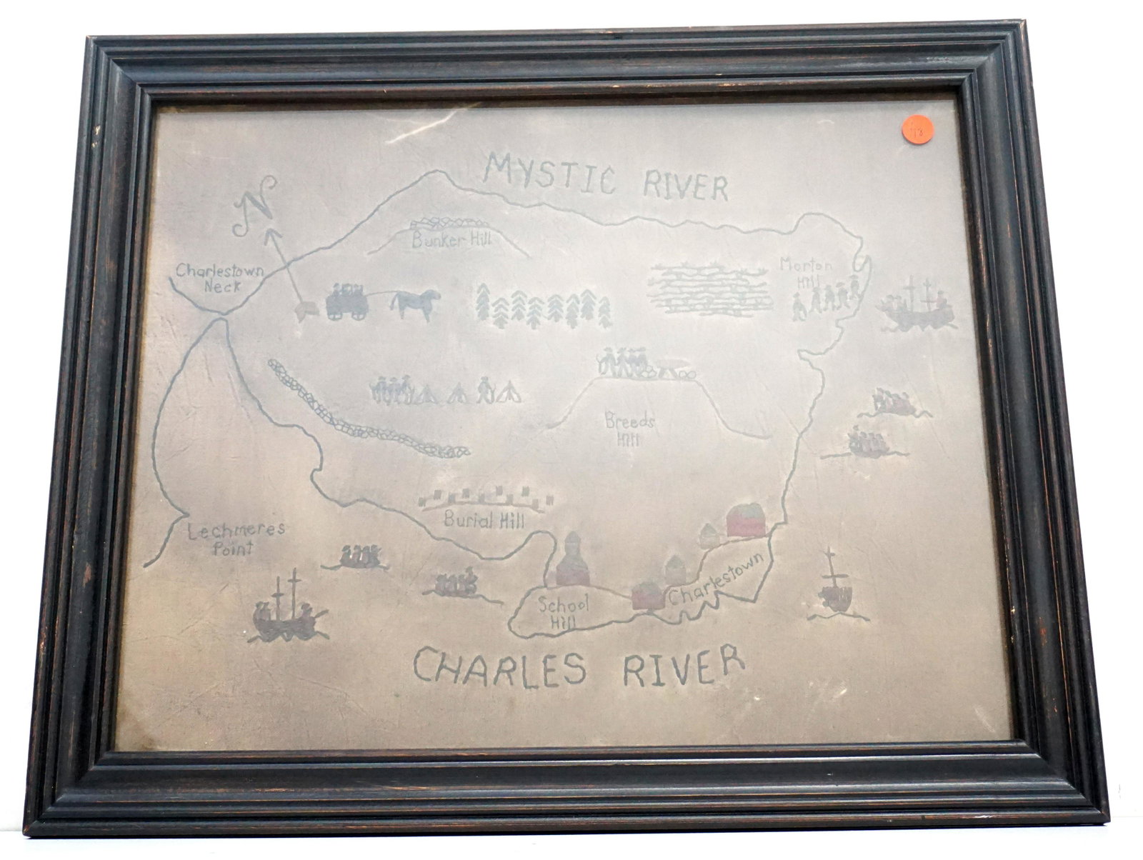 ANTIQUE SAMPLER BOSTON BATTLEFIELDS: Antique Silk on Linen Sampler. Showing battlefields from the Siege of Boston including Bunker Hill, Burial Hill and Breeds Hill among others. Bordered top by the Mystic River to the North and by the C