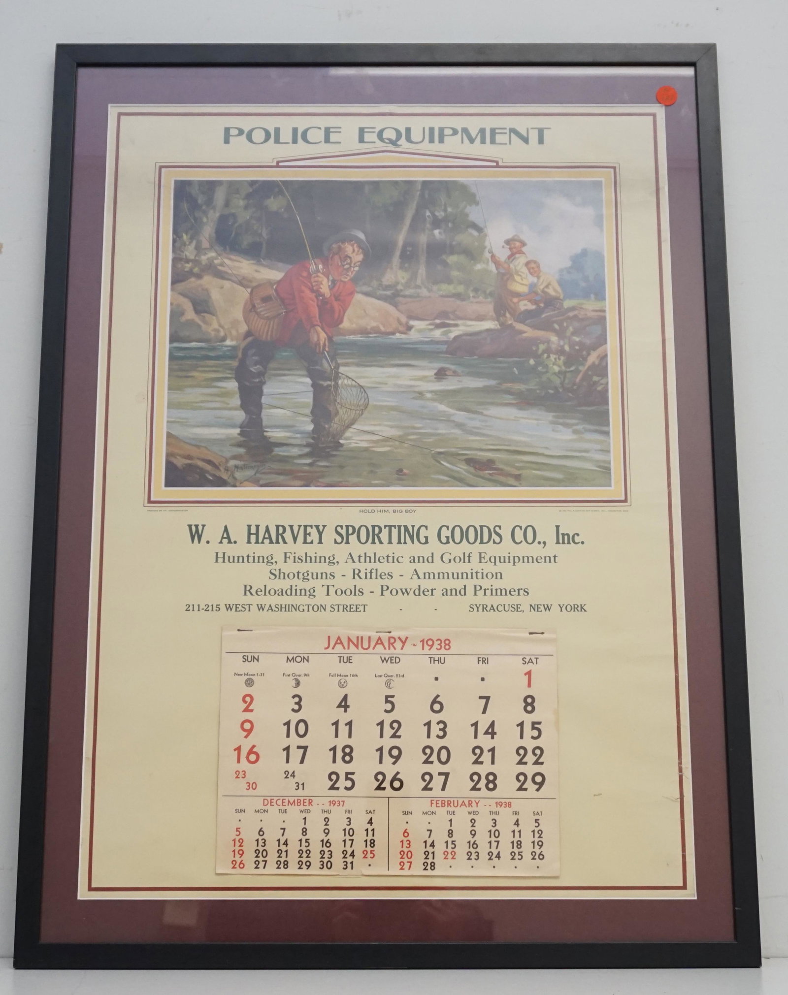 HY HINTERMEISTER HOLD EM BIG BOY 1938 CALENDAR: Hy (Henry) Hintermeister (1897-1970) Original 1938 sporting art calendar titled â€œHold Em, Big Boy” from W. A Harvey Sporting Goods in Syracuse, NY, published by American Art Works, Inc. in