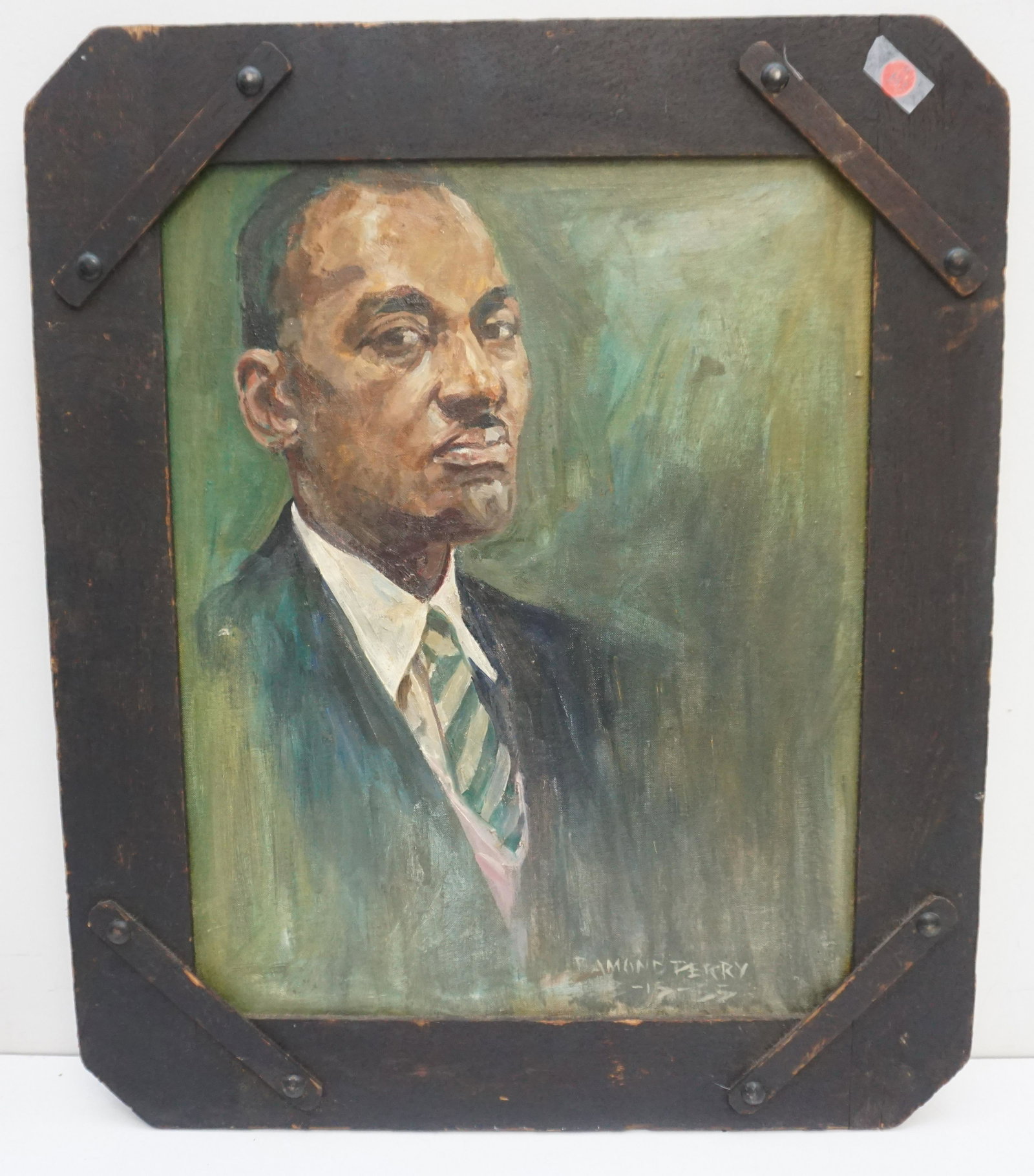 RAYMOND PERRY (1876-1970) 1955 PORTRAIT: 1955 Oil on Canvas Portrait of Private Sterling E. Westray, Pittsburgh by Raymond K. Perry (1876-1970). The portrait was shown in the 1956 Salmagundi Club Exhibition and still has the label en verso. 