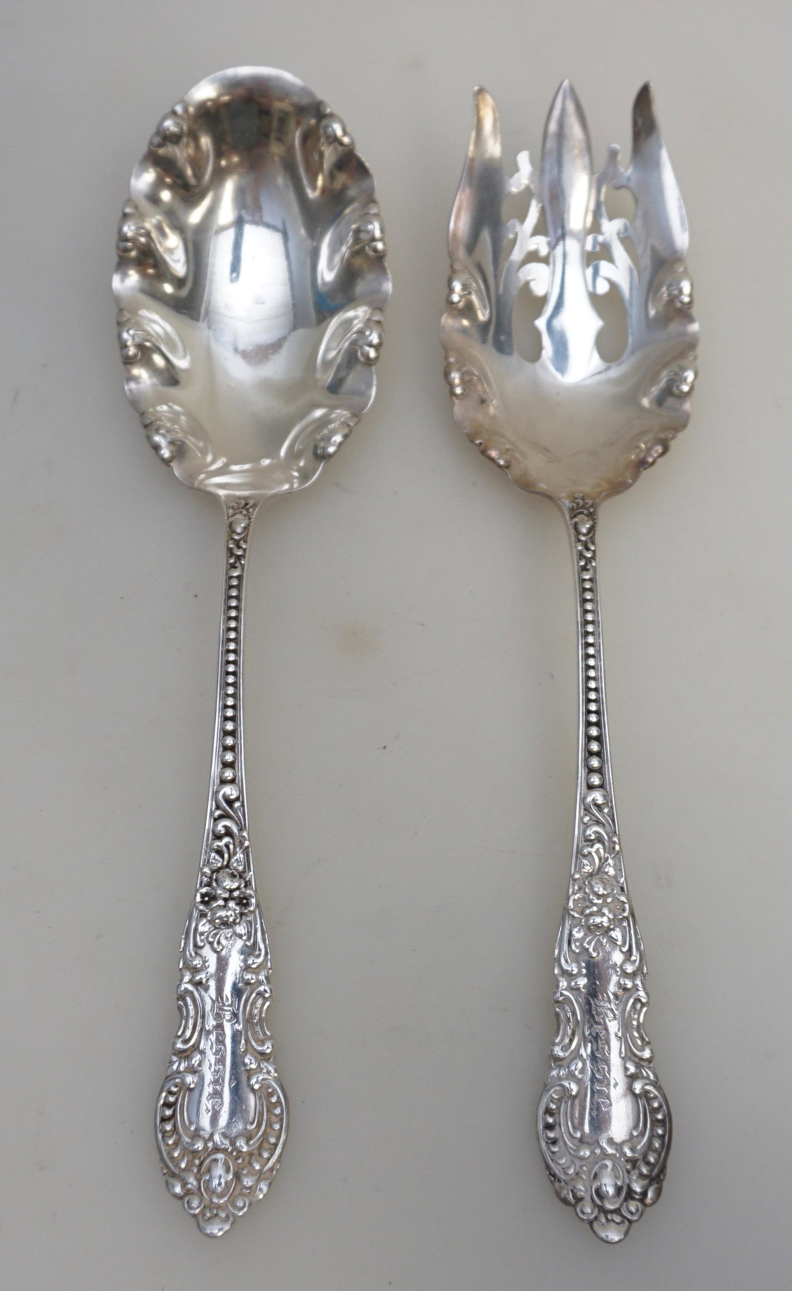 1892 STERLING SILVER APOLLO SALAD SET: 2 Piece 19th c. Apollo by Knowles & Mount Vernon Sterling Silver Salad Serving Set. Both monogrammed "Bessie". Both 9". Weight approximately 135 grams. PROVENANCE: Edwin Moore Brogdon, PhD, collection