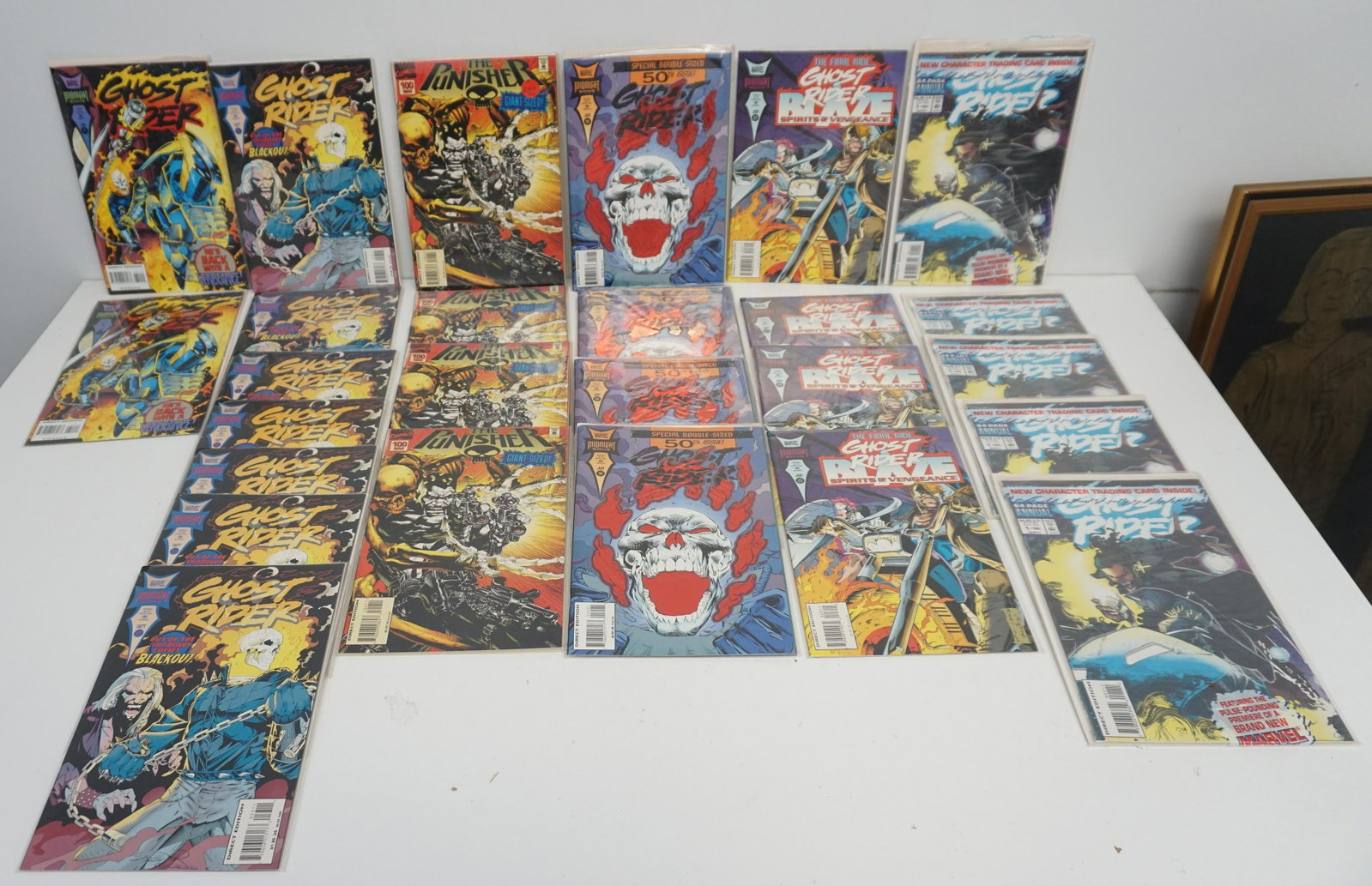 LOT OF 26 VINTAGE GHOST RIDER + THE PUNISHER COMICS: Lot of 26 Classic Comic Books "Ghost Rider" and "The Punisher" all are from Marvel Comics. Part of a large inventory we will be selling for the estate of a Comic and Trading Cards Store. All are wrapp