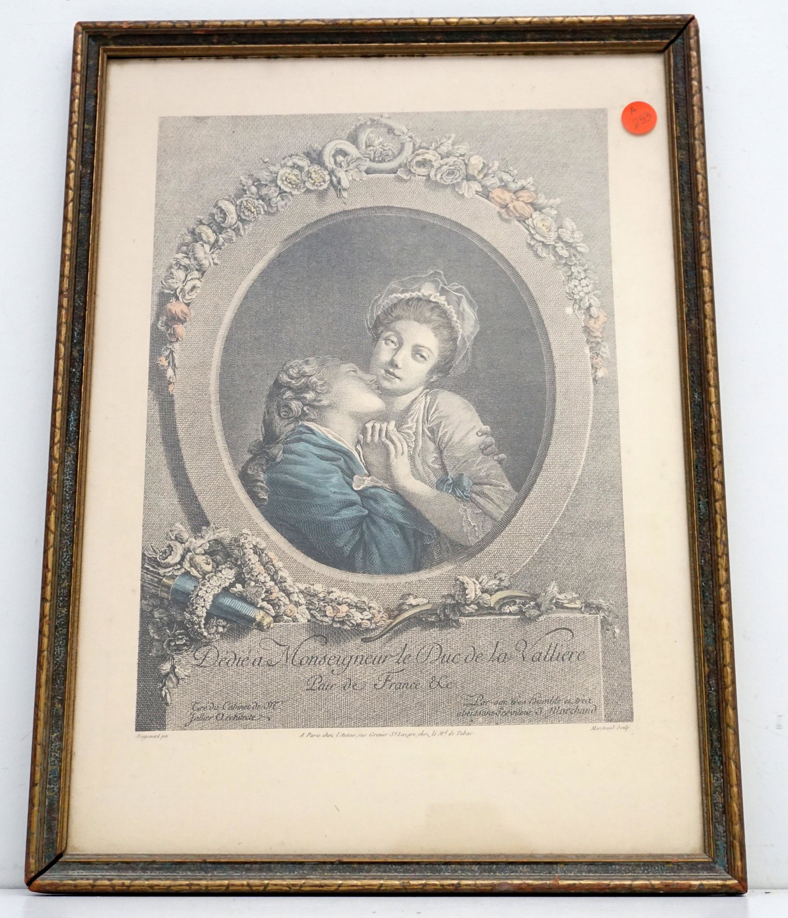 ANTIQUE FRAGONARD ENGRAVING: Antique late 18th c. Hand Colored Engraving "The Kiss" after Jean Honore Fragonard, engraved by Jacques Marchand. In Frame under glass measures 13 1/2"x18 1/2"x3/4". Weight 4 pds 10 oz. PROVENANCE: A 