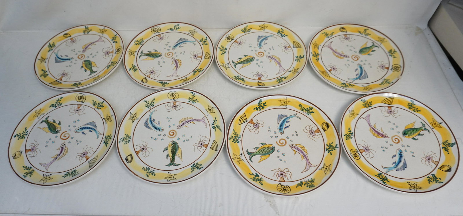 8 pc GILMAN 19th c FAIENCE PLATES: Set of 8 19th c. Portuguese Hand Painted Gilman Cta Sacavem Fish and Sea Life Faience Plates. Gilman Collamore & Co were located at 595 Broadway in 1842 specializing in high end china, cut glass and R