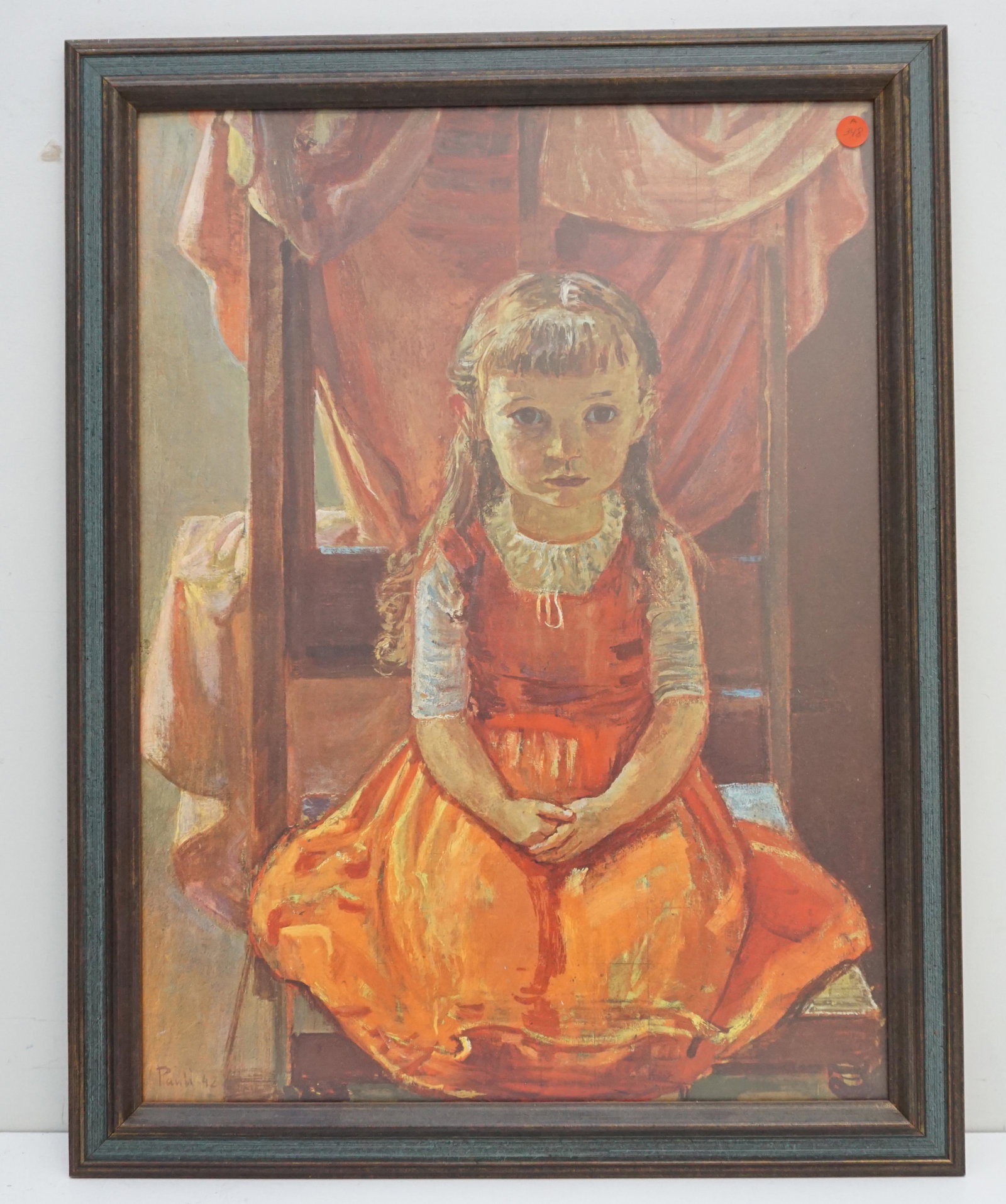 1942 FRITZ PAULI GIRLS PORTRAIT PRINT: Vintage Fritz Pauli (1891-1968) Print on Hard Surface, Small Girl Portrait 1942. In wood frame, measures 21"x27"x1". Weight 6 pds.