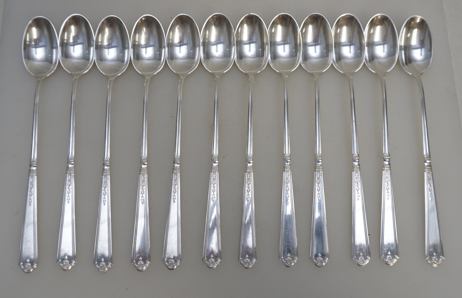 12 GORHAM STERLING PRINCESS PATRICIA ICED TEA SPOON: 12 Gorham Sterling Silver Iced Tea Spoons in the 1926 Princess Patricia pattern. No monograms. Each 7 1/2". Weight on all approximately 345 grams. PROVENANCE: Edwin Moore Brogdon, PhD, collection. Dr.