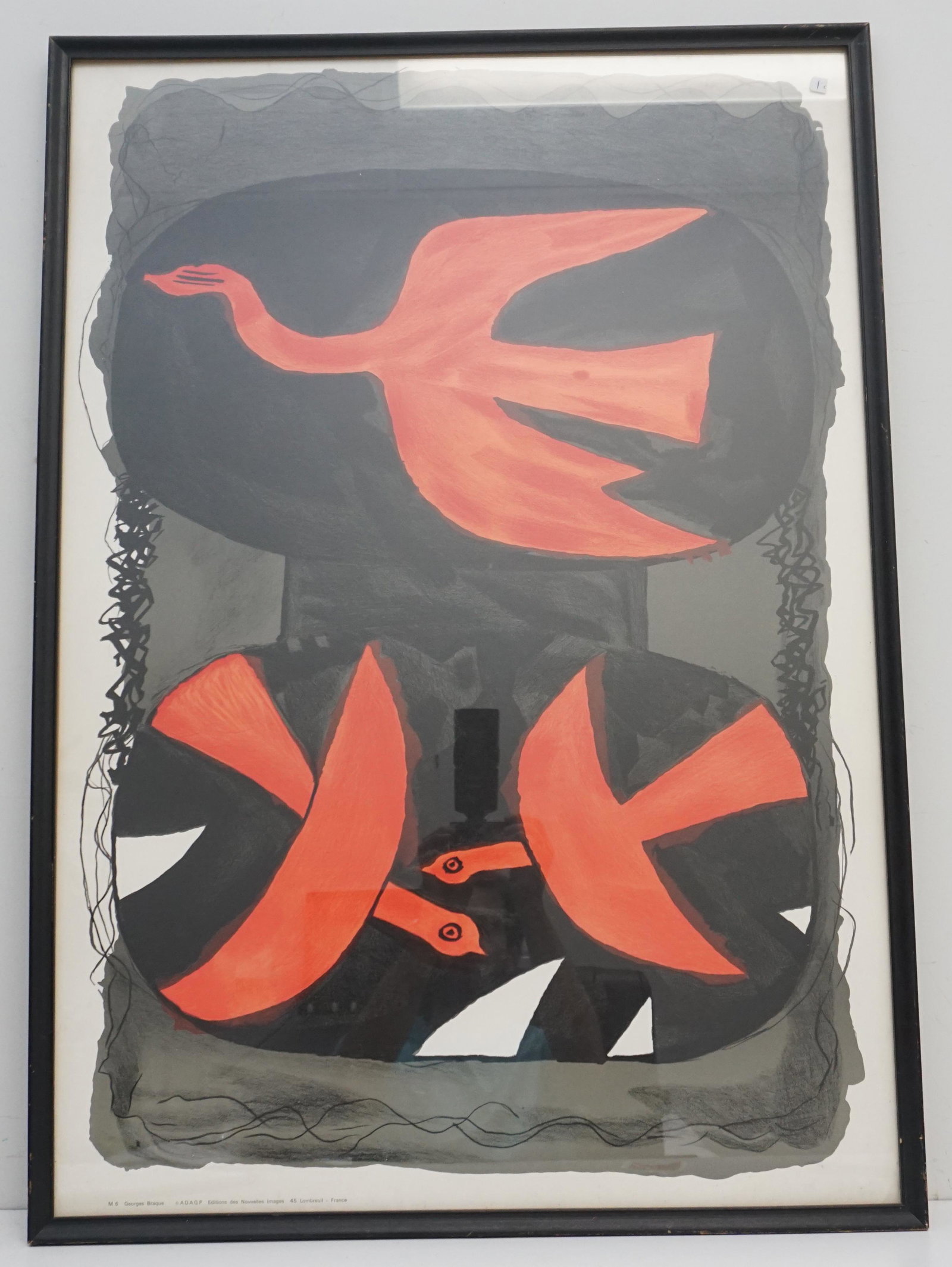 MID CENTURY 1960 GEORGES BRAQUE: Rare 1960 produced lithograph poster by Georges Braque (French, 1882-1963), titled "Trois Oiseaux Rouges" (three red birds), printed on paper by Editions des Nouvelles Images 45 Lobreuil France. (Prin