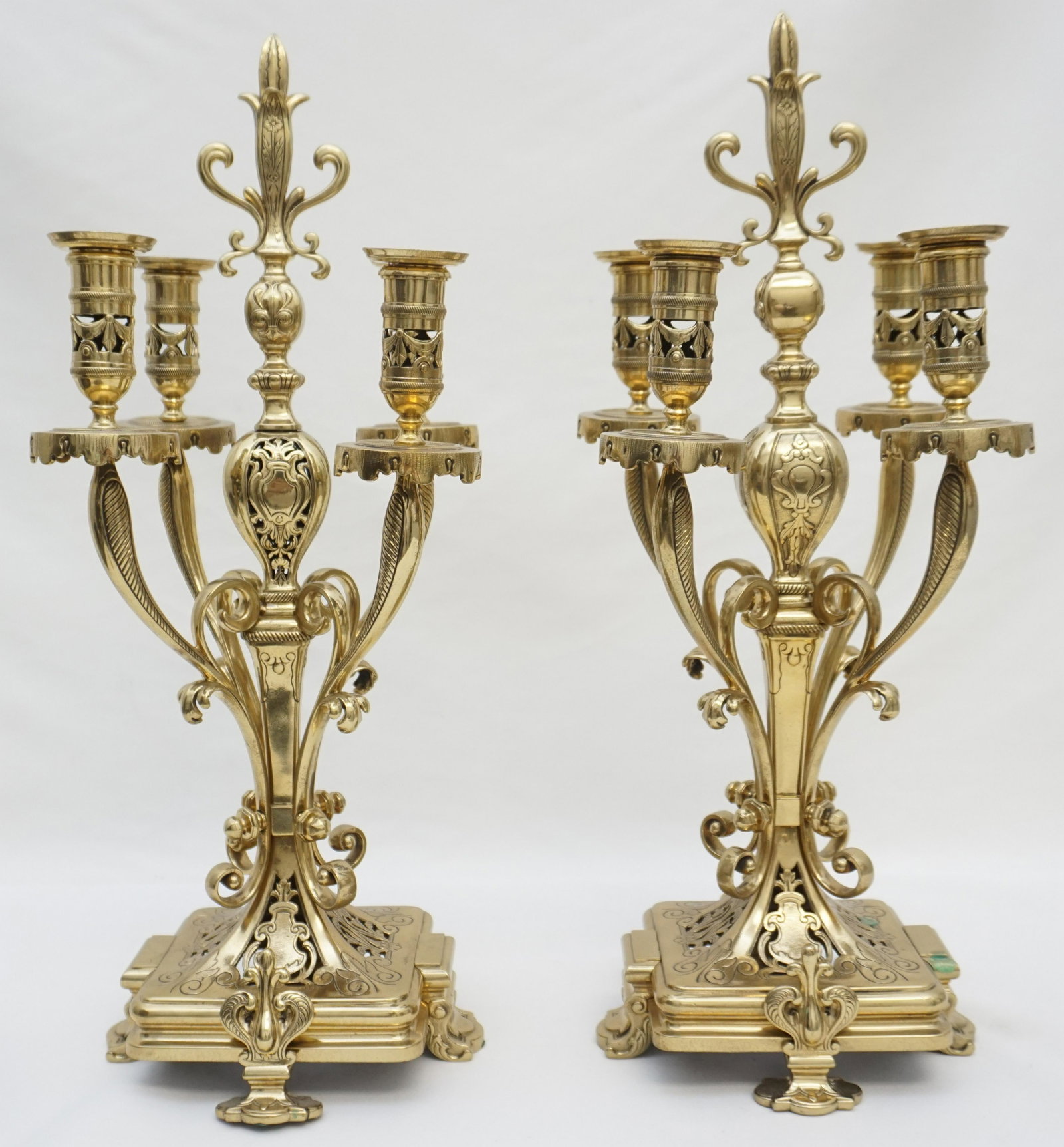 19th c FRENCH GILDED BRASS CANDELABRA: Pair of late 19th c. French Gilded Brass Four Arm Candelabra. Each 9 1/2"x9 1/2"x20". Weight 18 pds. PROVENANCE: Edwin Moore Brogdon, PhD, collection. Dr. Brogdon was the owner of Brogdon Manor, a sta