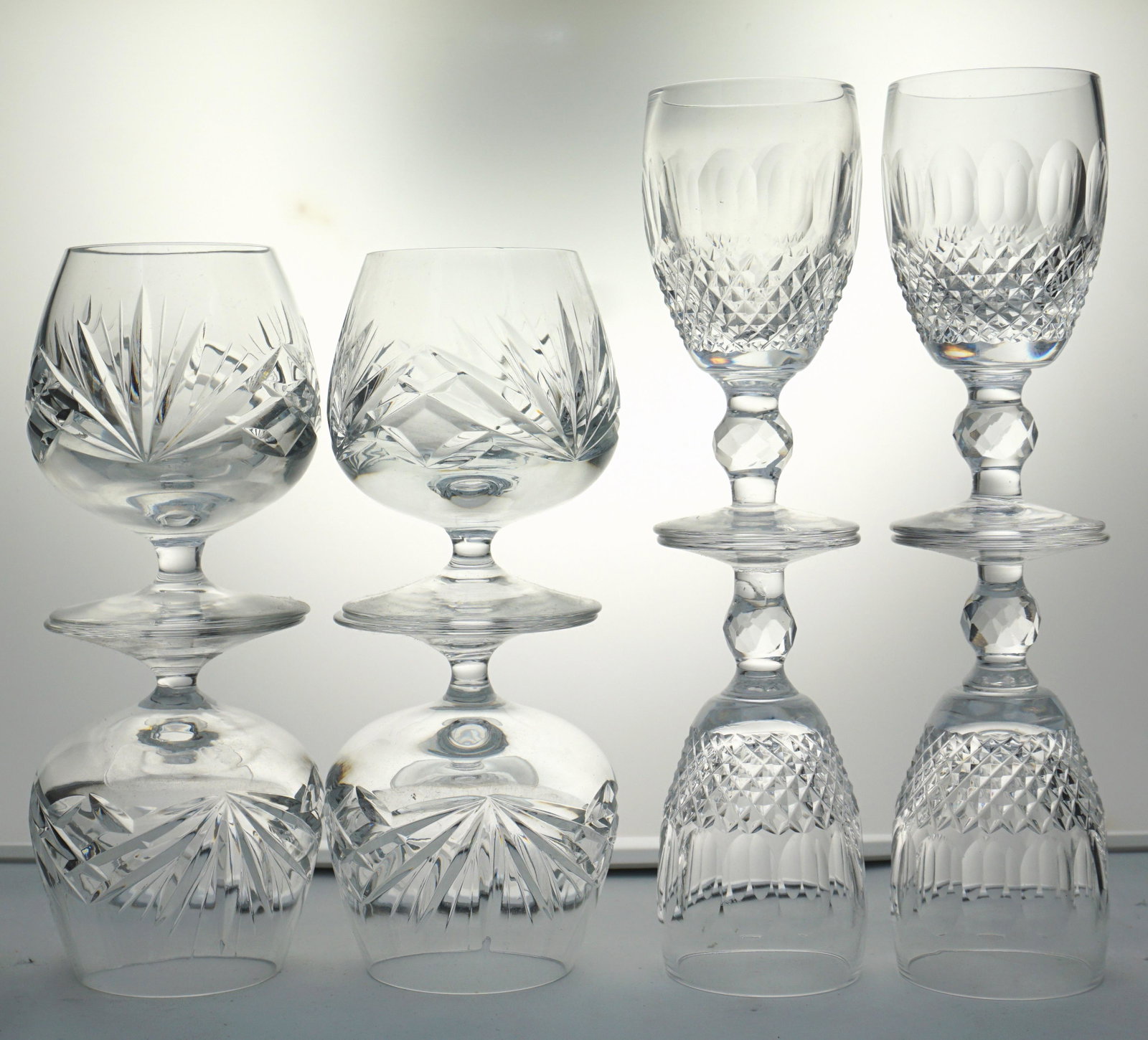 8 CRYSTAL BRANDY & PORT WINE GLASSES: Eight Vintage Cut Crystal Glasses. 4 Small Cognac Glasses Fan Cut 3 1/2" and 4 Port Wine Glasses 4 1/4". Weight on all 3 pds. PROVENANCE: A Charleston SC Private Estate