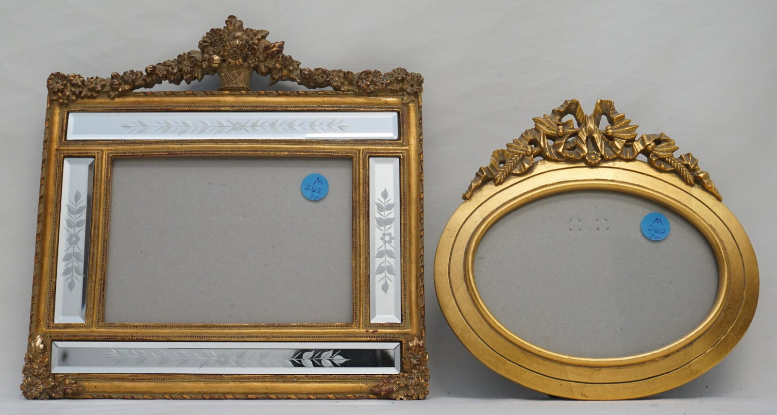 2 PICTURE FRAMES GILT & MIRROR: 2 20th c. Pictures Frames. 1- Oval French Style Gilt 8"x8" opening 6"x4 1/2". 2- Twos Company French Style Beveled Etched Glass & Gilt Wood 10 1/2"x10 1/2", opening 6 1/2"x4 1/2". Weight 2 pds 6 oz.
