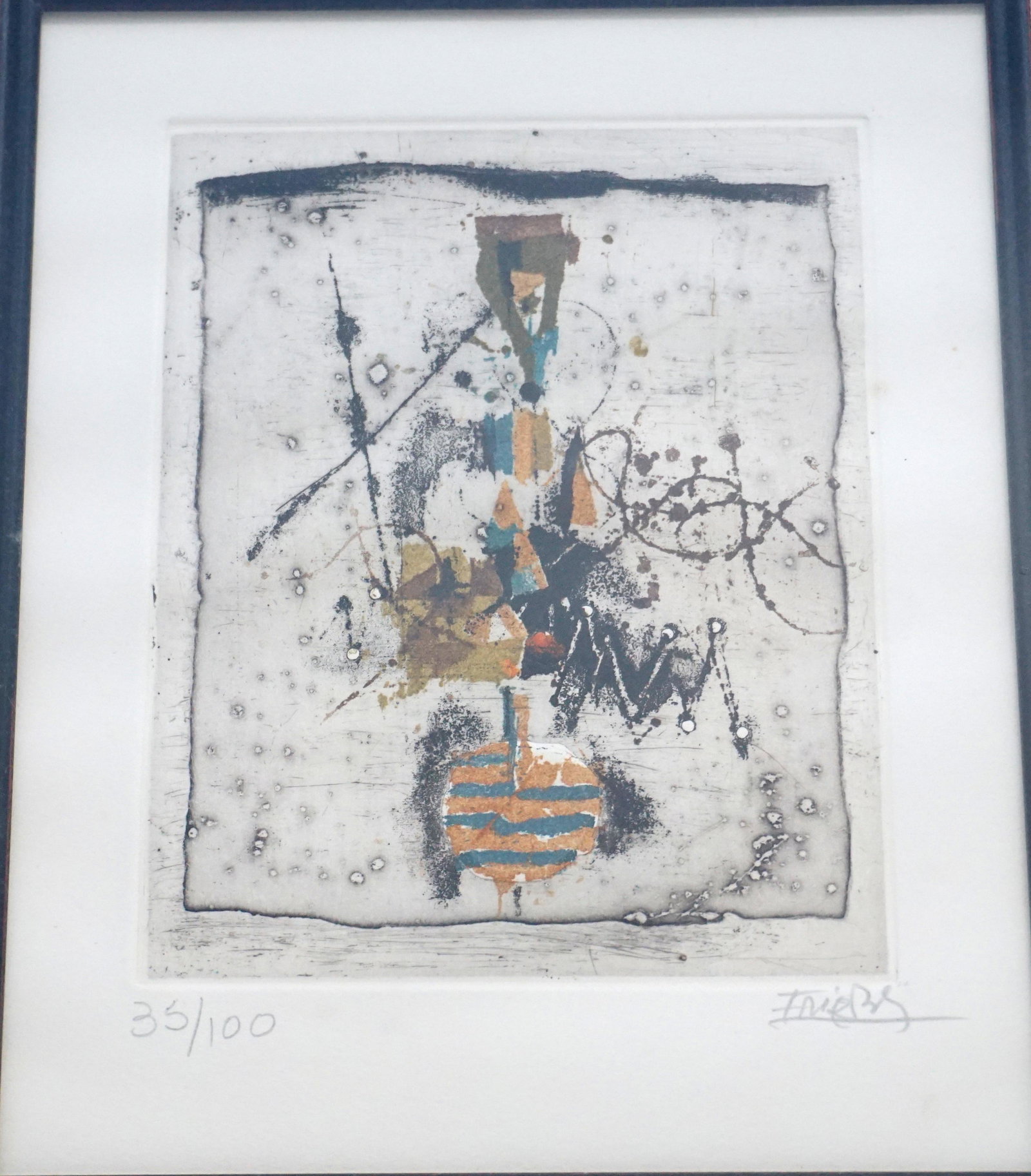 MID CENTURY MODERN ENGRAVING: Mid Century Modern Limited Edition Engraving. numbered 35 of 100, and signed by the artist, signature illigible. Blackmoor Gallery Label on back. Some spot to mat, engraving good. In wood frame measur