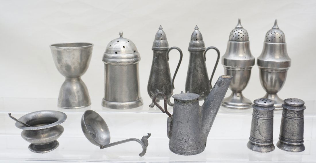 BOX LOT ANTIQUE PEWTER: 1- Pewter Measure of sorts in Oil Can Shape 3 1/2". 2- Sugar Shaker 4", marks crown rose CT. 3- Salt Celler with spoon 1 1/4". 4- Salt and Pepper 4:, 5- Quaker Pewter 4 1/2". 6- Engraved Salt and Pepp