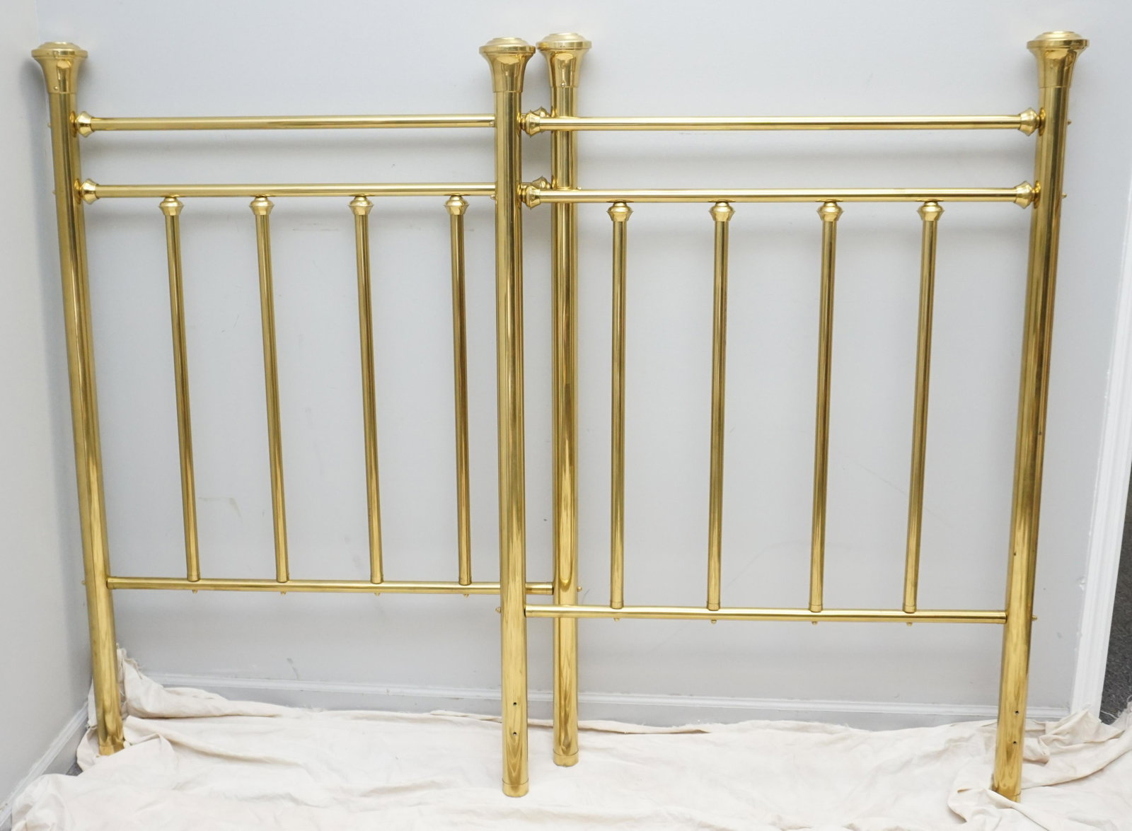 2 BRASS BED HEAD BOARDS: 2 Vintage Matching Brass Twin Headboards. each 39 wide and 57" tall. PROVENANCE: A Private Charleston SC Estate. ***Pickup only or Shipping on this item offered through Outward Bound 413-854-3676, Lan