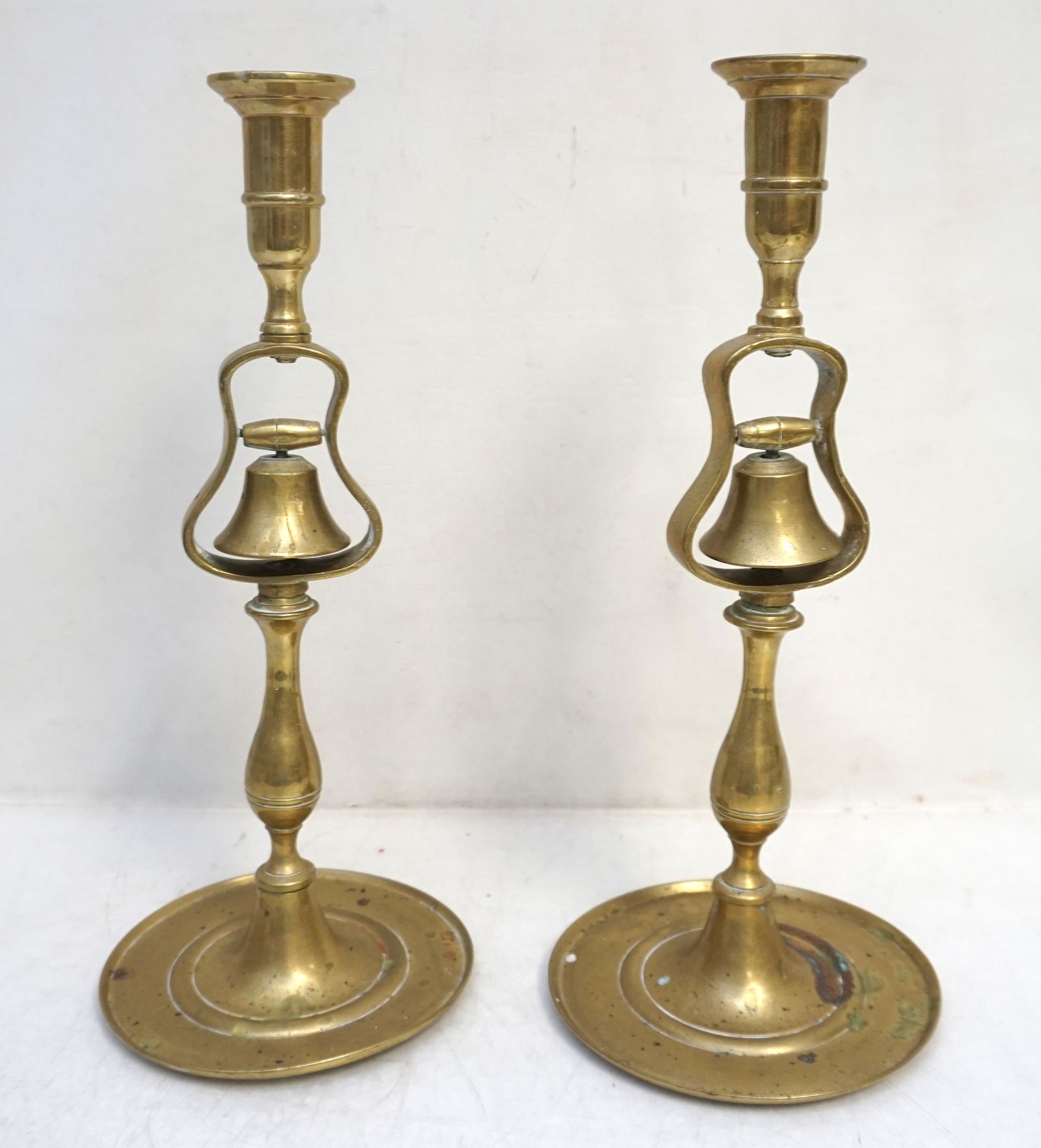 PAIR BRASS TAVERN CANDLESTICKS WITH BELLS (1 of 8)