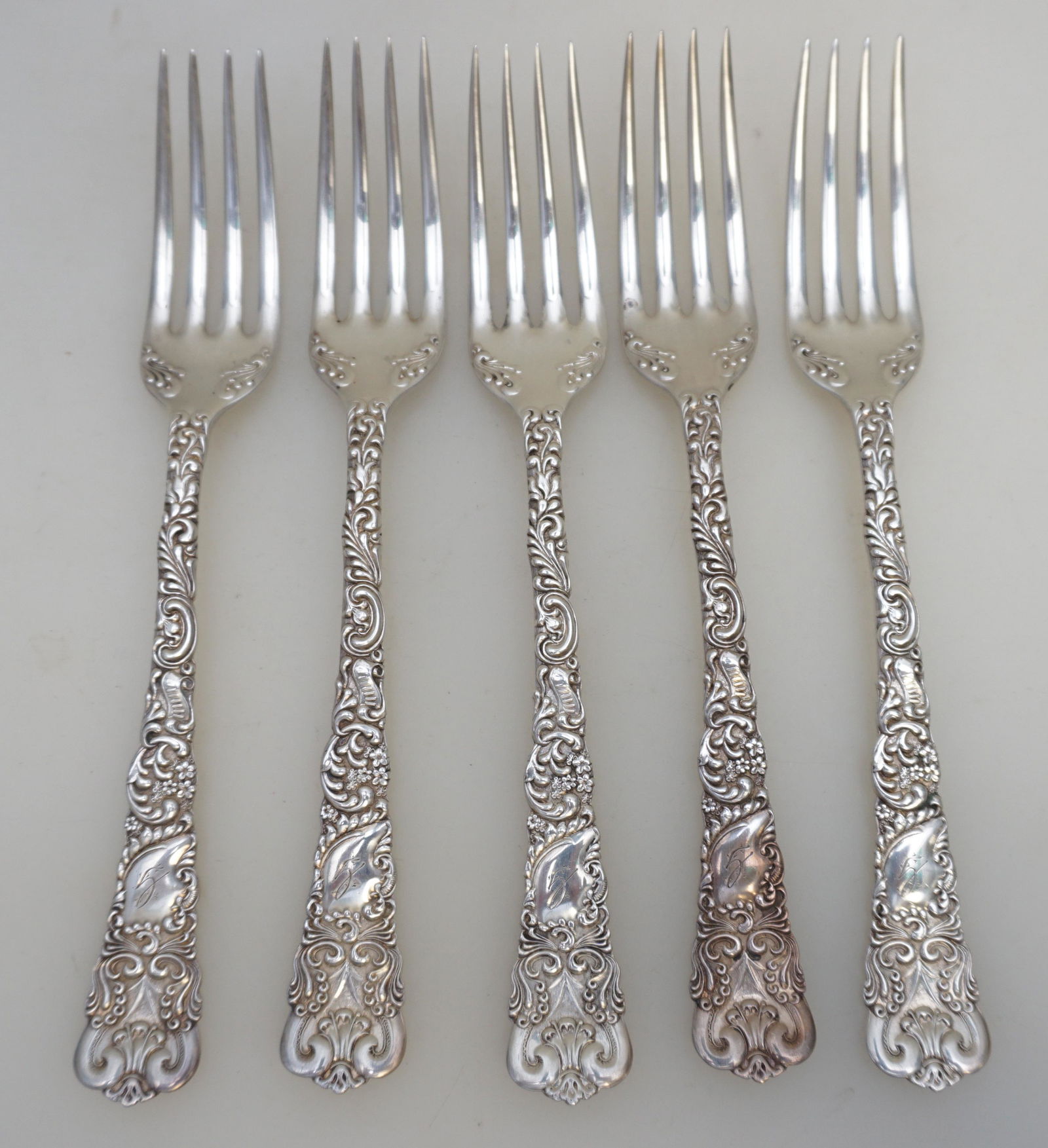 5 ORNATE STERLING FORKS 19th c (1 of 5)