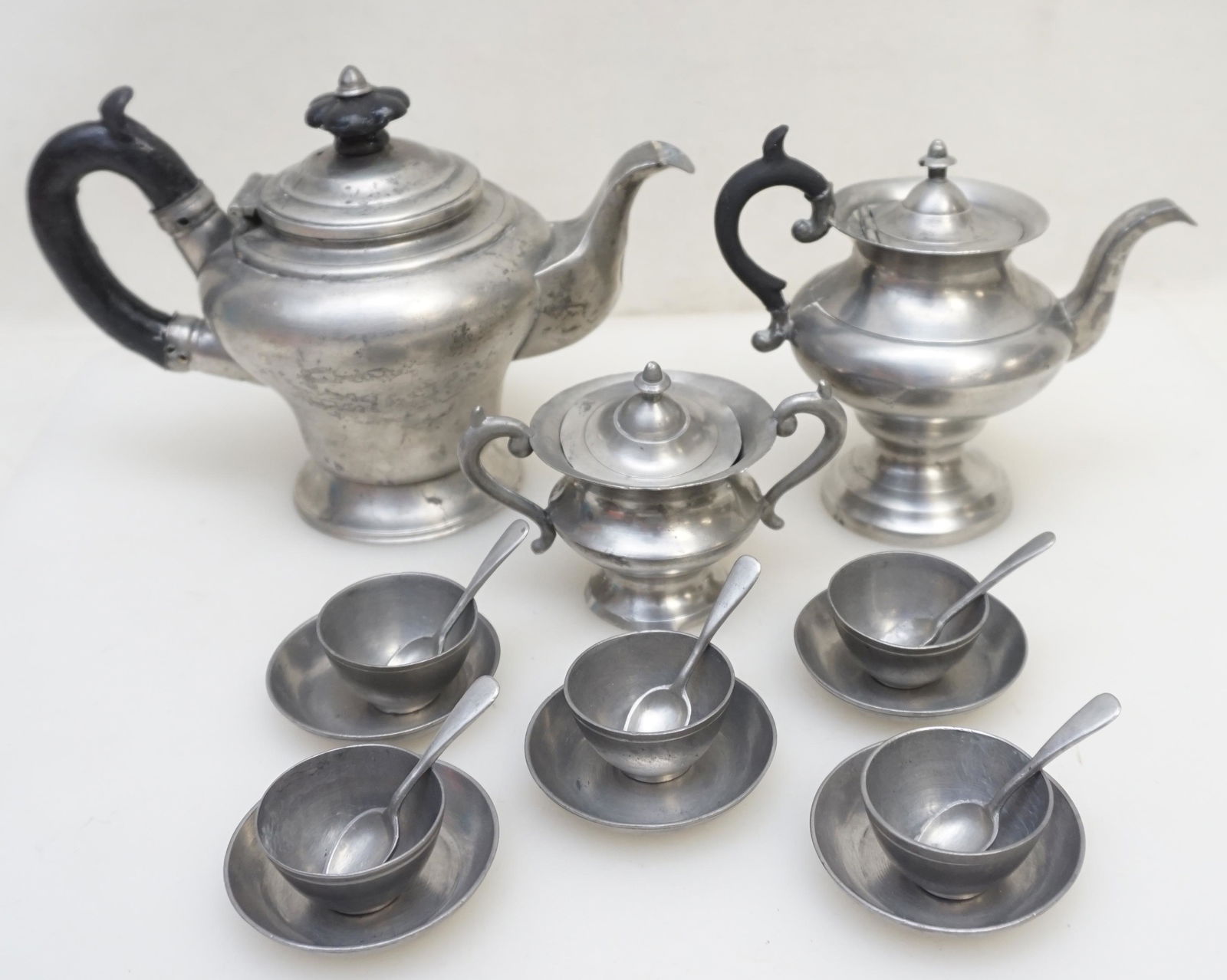 19th c PEWTER CHILDRENS TEA SET + TEAPOT (1 of 11)