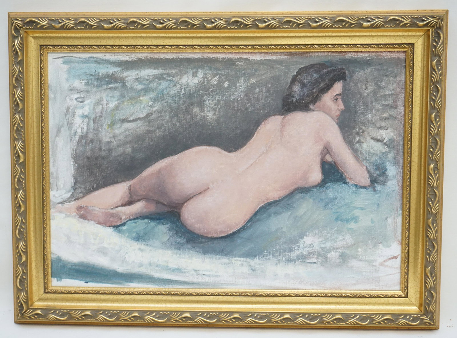NUDE OIL by RICCARDO CHIRICI: Contemporary 20th c. Reclining Nude Oil on artist board by Riccardo Chirici (Italian, b. 1969). In gilt frame measures 22"x16"x1 1/2". Weight 3 pds. PROVENANCE: Gippy Plantation, Berkeley County. SC.