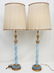 2 TALL BLUE OPALESCENT GLASS GILDED LAMPS
