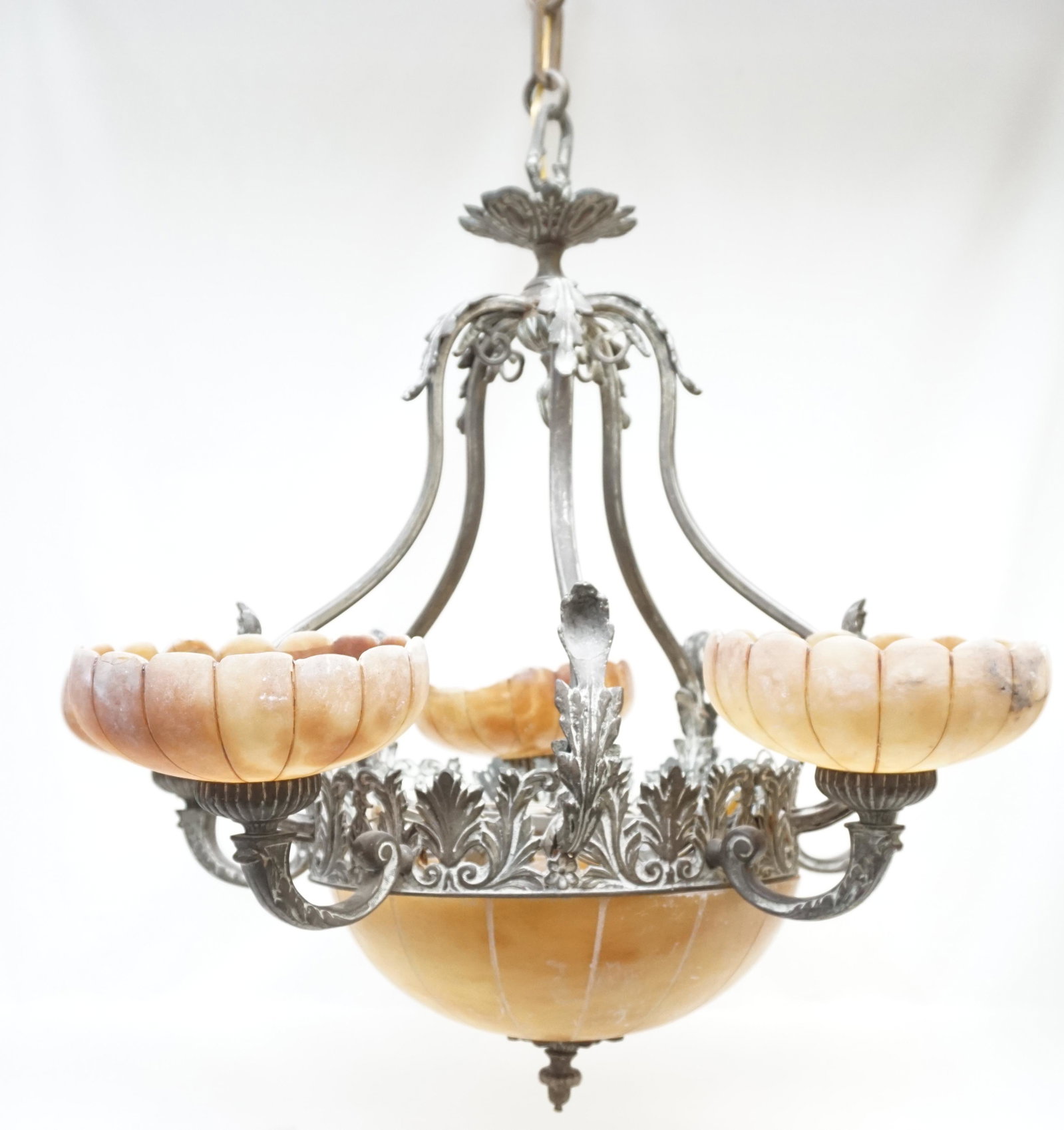 ALABASTER 5 ARM CHANDELIER: French Alabaster and Metal 5 Arm Chandelier. Measures 21"x21"x25". One globe is cracked and broken. ***Pickup only or Shipping on this item offered through Outward Bound 413-854-3676, Laneys Ship & Ha