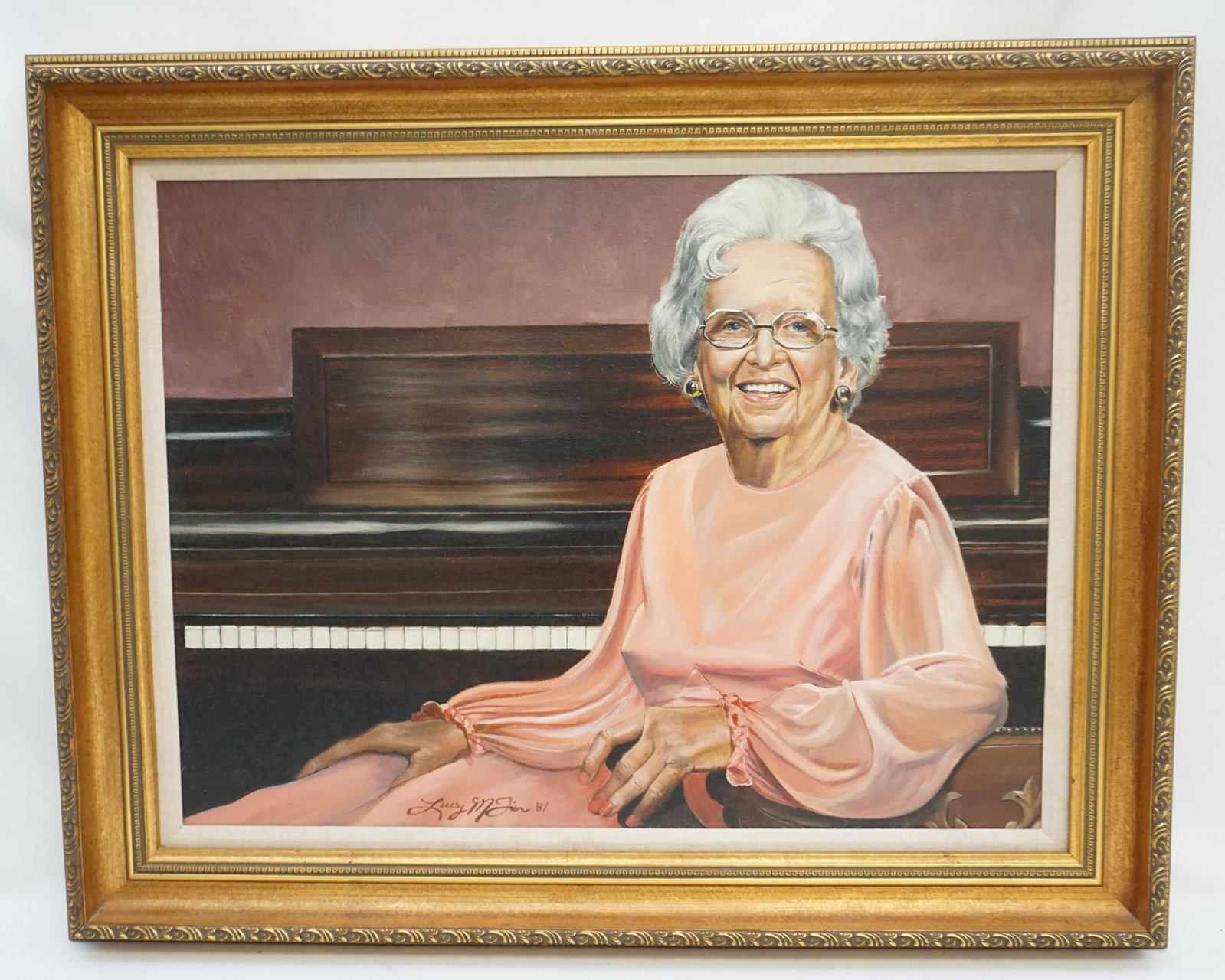 LUCY McTIER OIL ON CANVAS PORTRAIT: Original Oil on Canvas portrait of a elegant older woman painted in 1981 by well known Portrait artist, Lucy McTier of Augusta Georgia. In gilt wood frame with linen liner. In frame 24"x30"x2 1/4". We