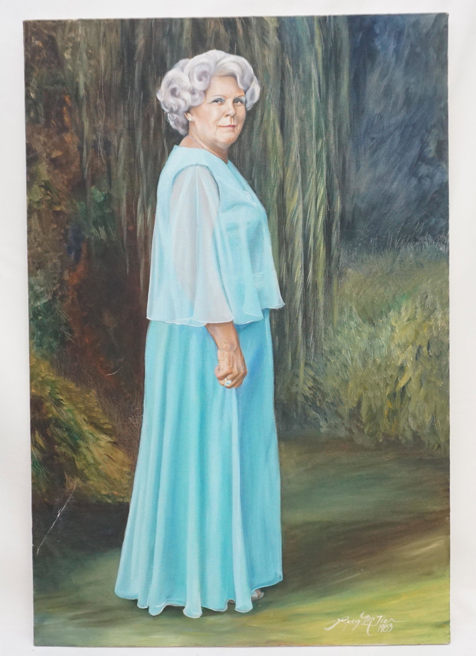 LUCY McTIER OIL ON CANVAS PORTRAIT: Original Oil on Canvas portrait of a elegant older woman painted in 1981 by well known Portrait artist, Lucy McTier of Augusta Georgia. Unframed measures 24"x36"x1". Weight 3 pds. The McTier family's 